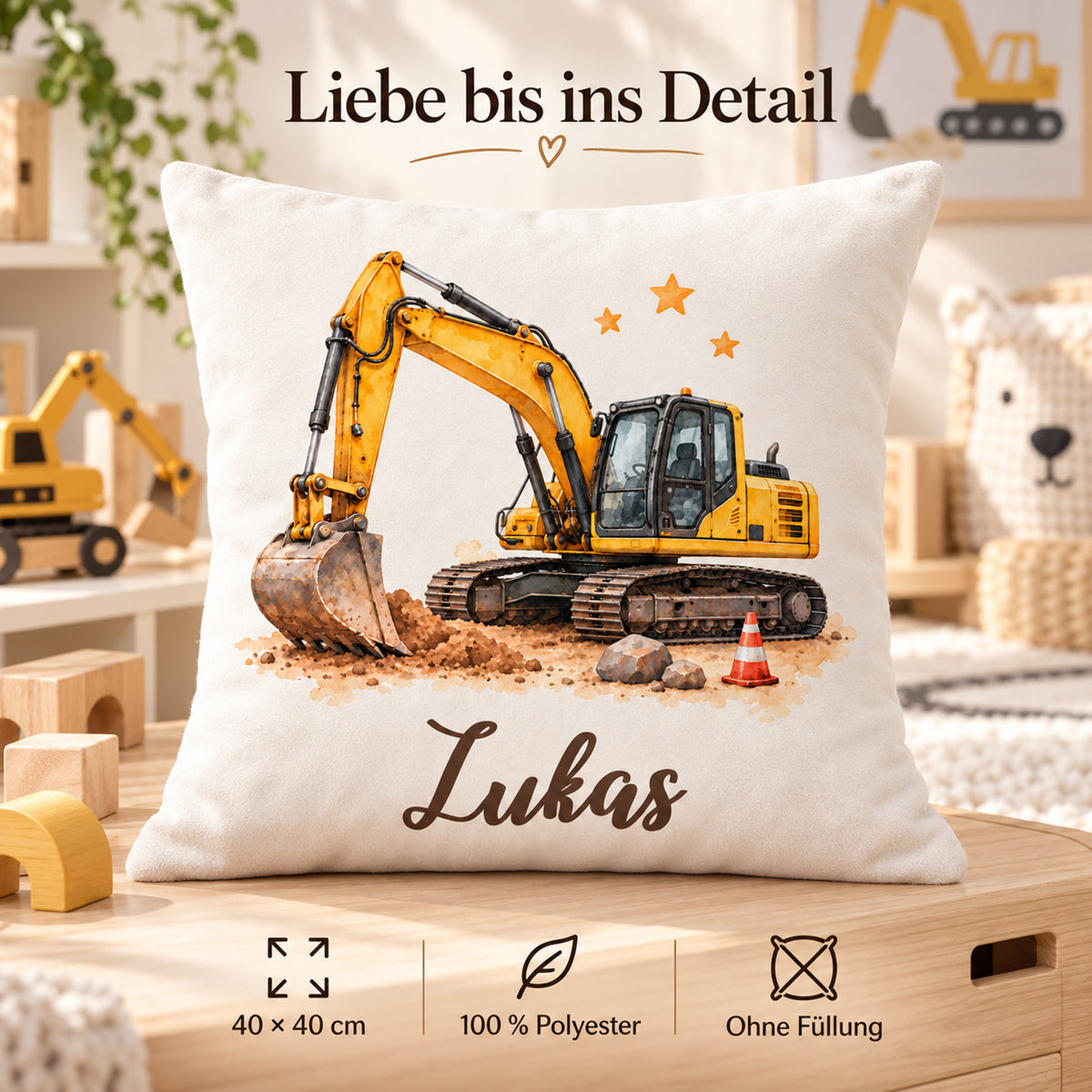 Bagger-Kissen mit Lukas und Produktdetails: 40 × 40 cm, 100 % Polyester und Lieferung ohne Füllung.