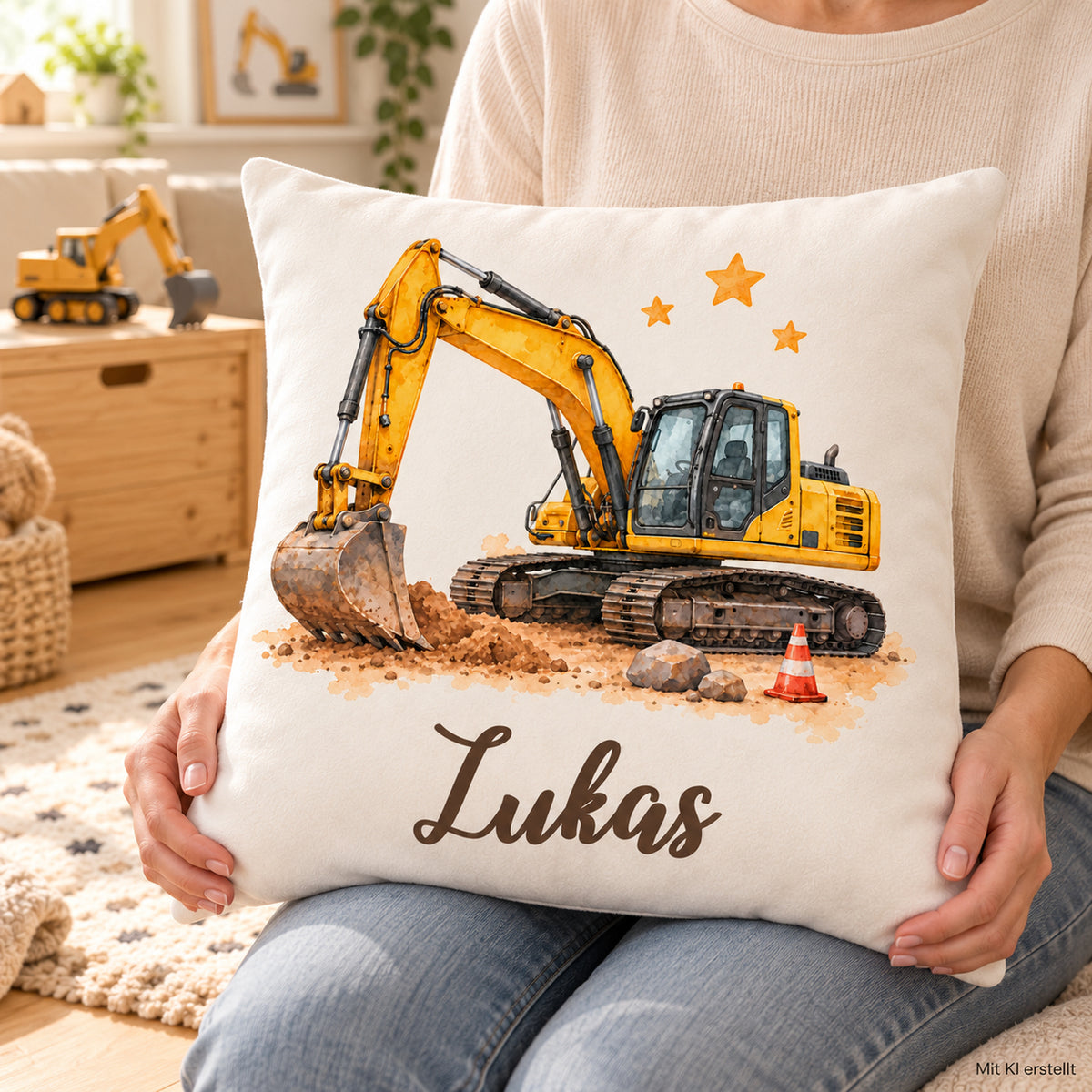 Eine sitzende Person hält den hellen Bagger-Kissenbezug mit Namen Lukas auf dem Schoß.