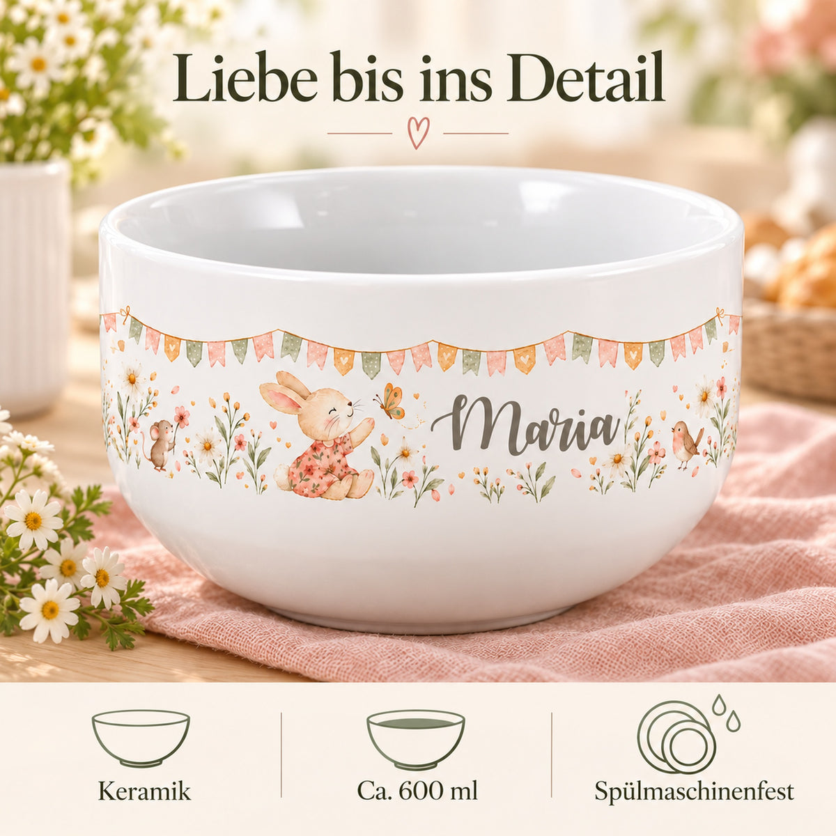 Häschen-Müslischale mit Angaben zu Keramik, ca. 600 ml und Spülmaschinenfestigkeit.