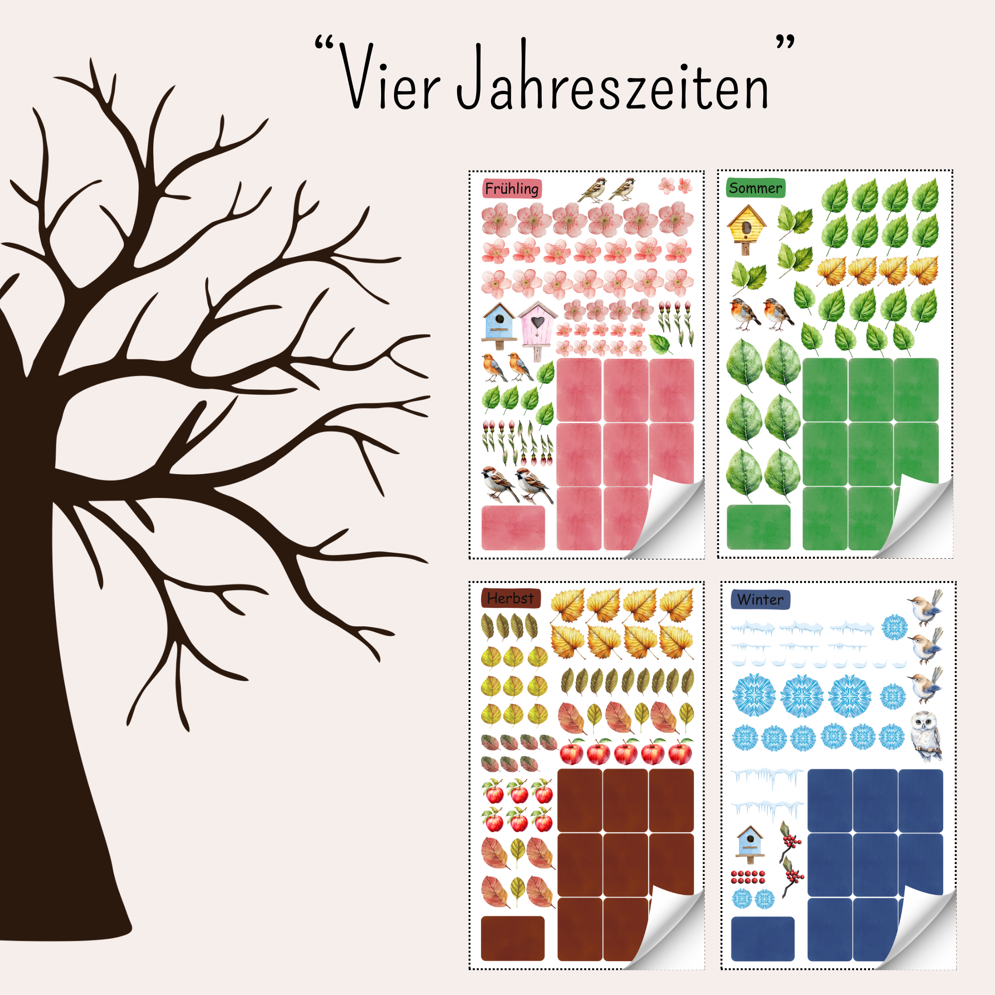 Dekoelemente für Frühling, Sommer, Herbst und Winter mit Blüten, Blättern und Schneeflocken