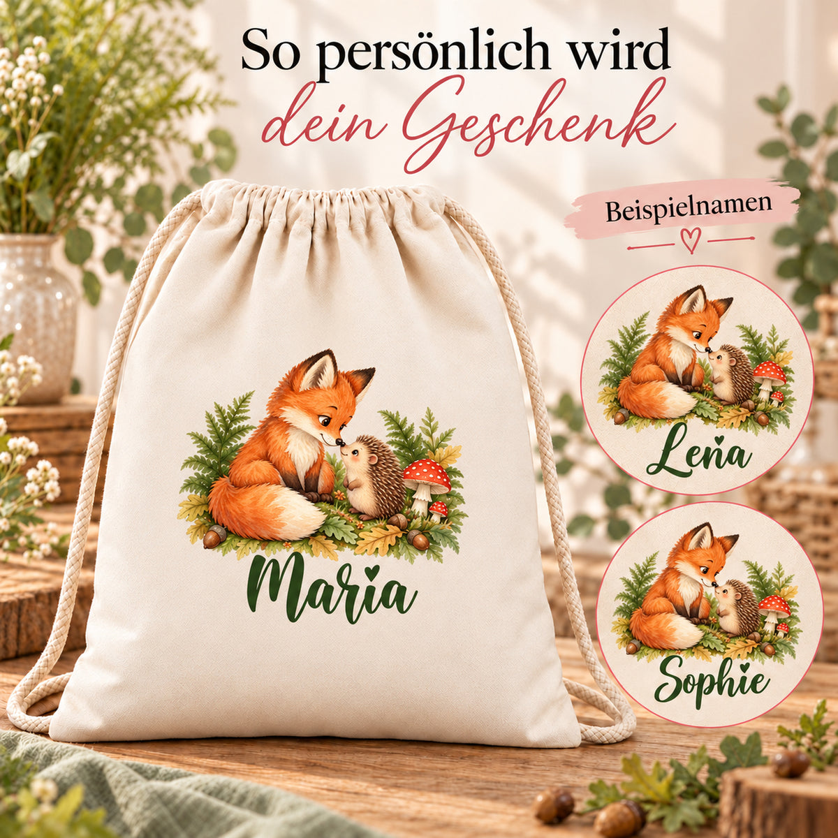 Turnbeutel mit Fuchs und Igel sowie vergrößerten Namensbeispielen zur Personalisierung