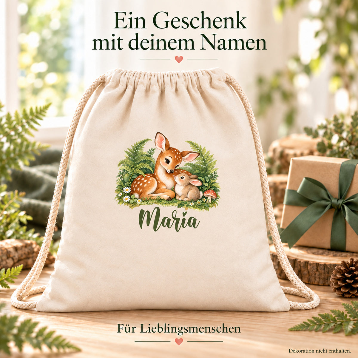 Naturfarbener Baumwollbeutel mit Reh und Hase und personalisierbarem Namen – Geschenkidee