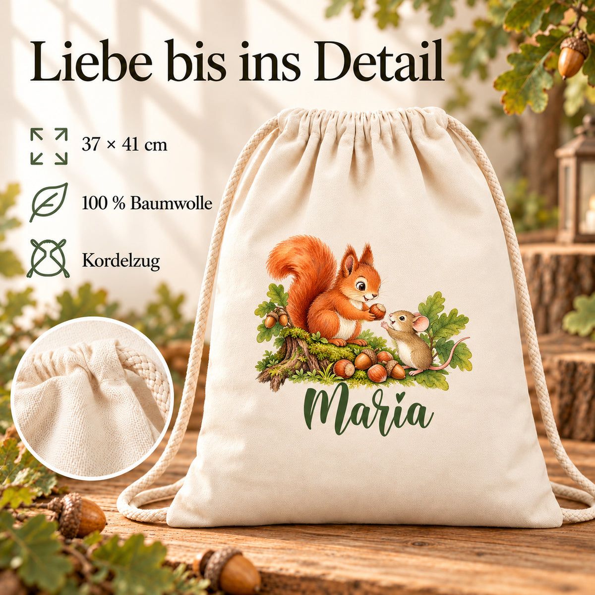 Naturfarbener Baumwollbeutel mit Eichhörnchen und Waldmaus und personalisierbarem Namen – Produktdetails
