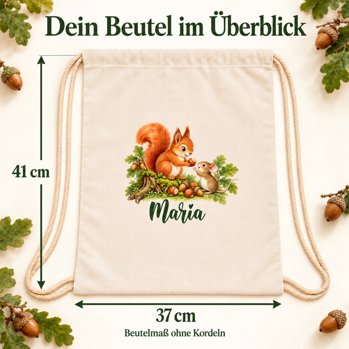 Naturfarbener Baumwollbeutel mit Eichhörnchen und Waldmaus und personalisierbarem Namen – Maße 37 × 41 cm