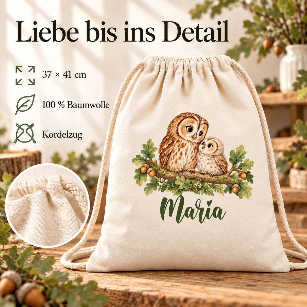 Turnbeutel mit Eule und Jungvogel, Stoffdetail und Angaben zu Baumwolle, Kordelzug und Größe