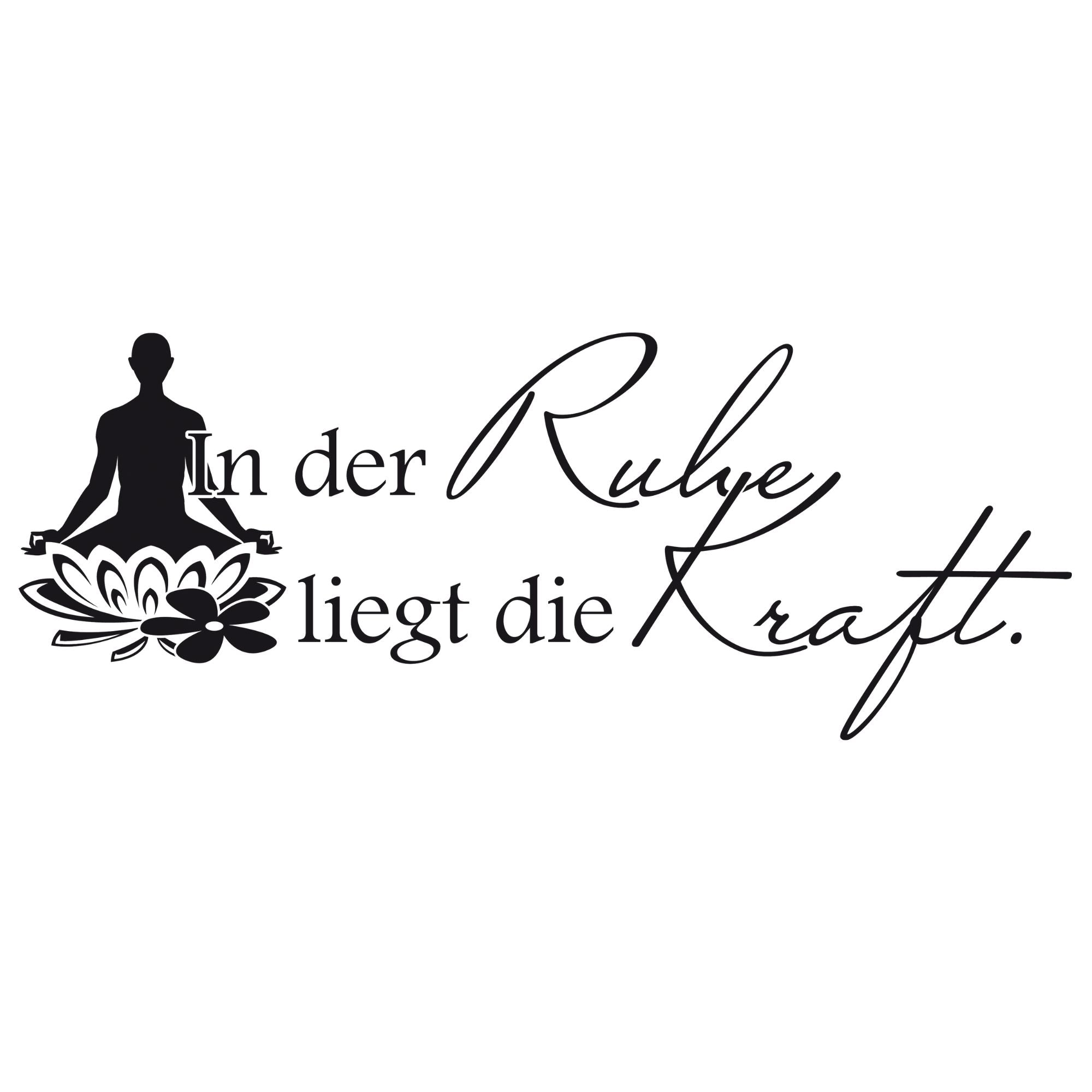 Schriftzug mit Meditationsfigur und Lotusblume, schwarz auf weiß.