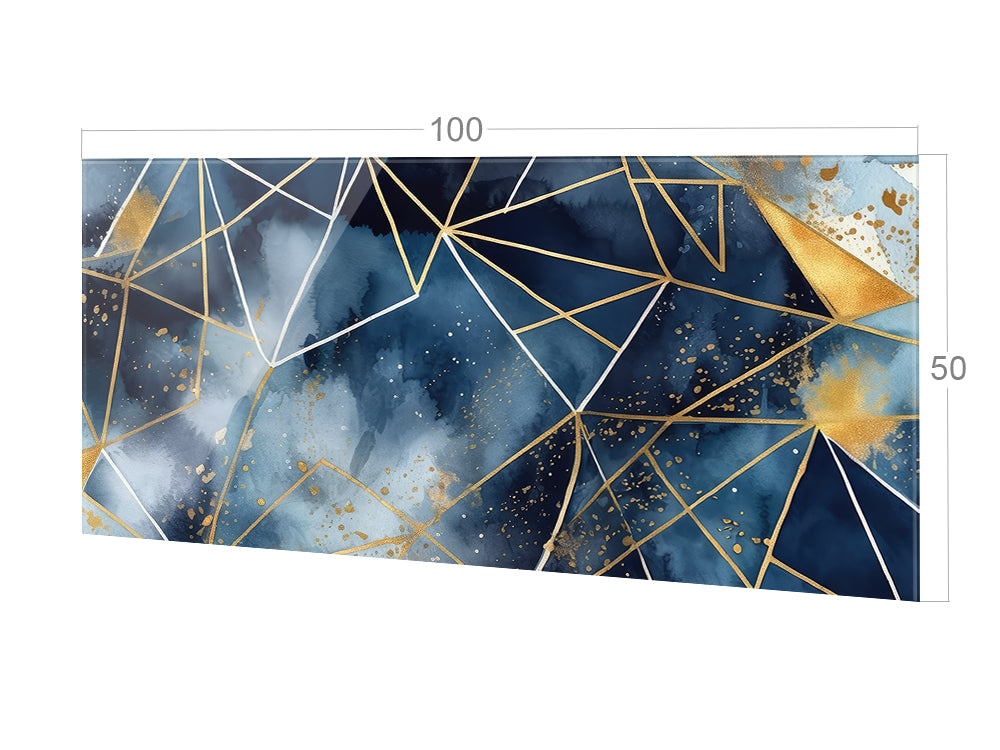 Geometrisches Wandbild in Blau und Gold, abstraktes Design.