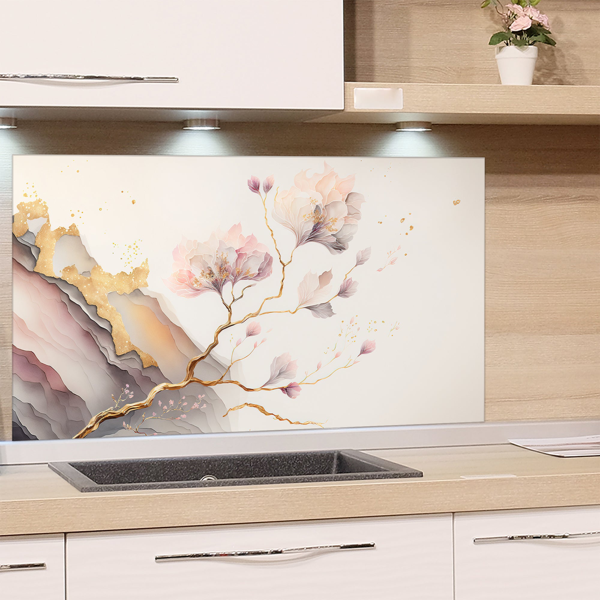 Blumenmuster in sanften Farben mit goldenen Akzenten.