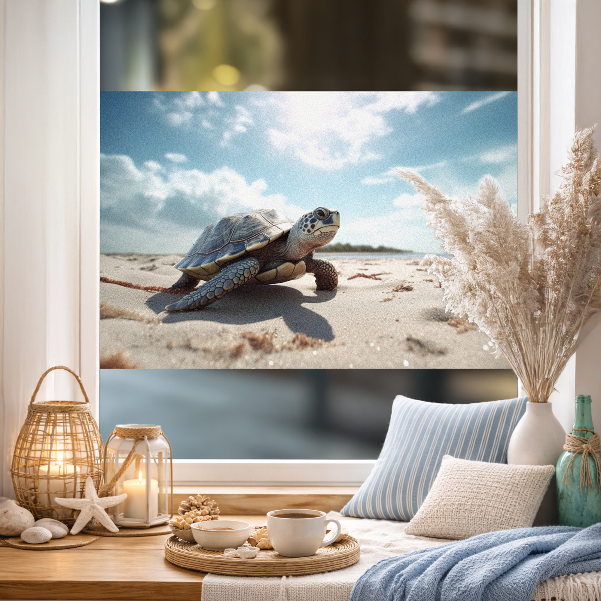 Fensterfolie mit Schildkröte am Strand
