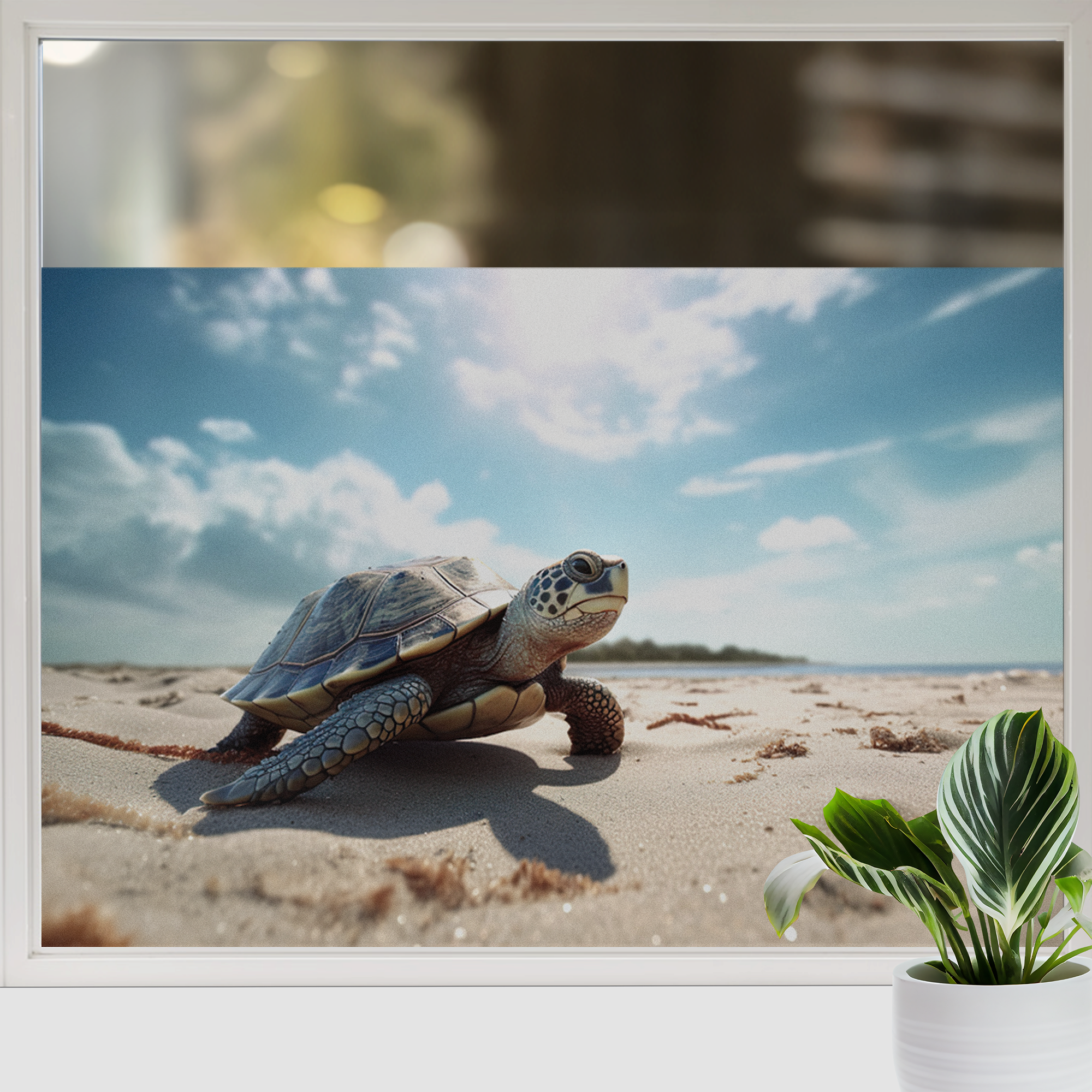 Fensterfolie mit Schildkröte am Strand