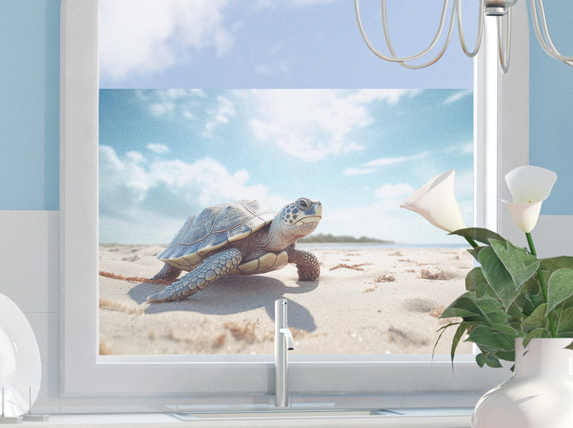 Fensterfolie mit Schildkröte am Strand