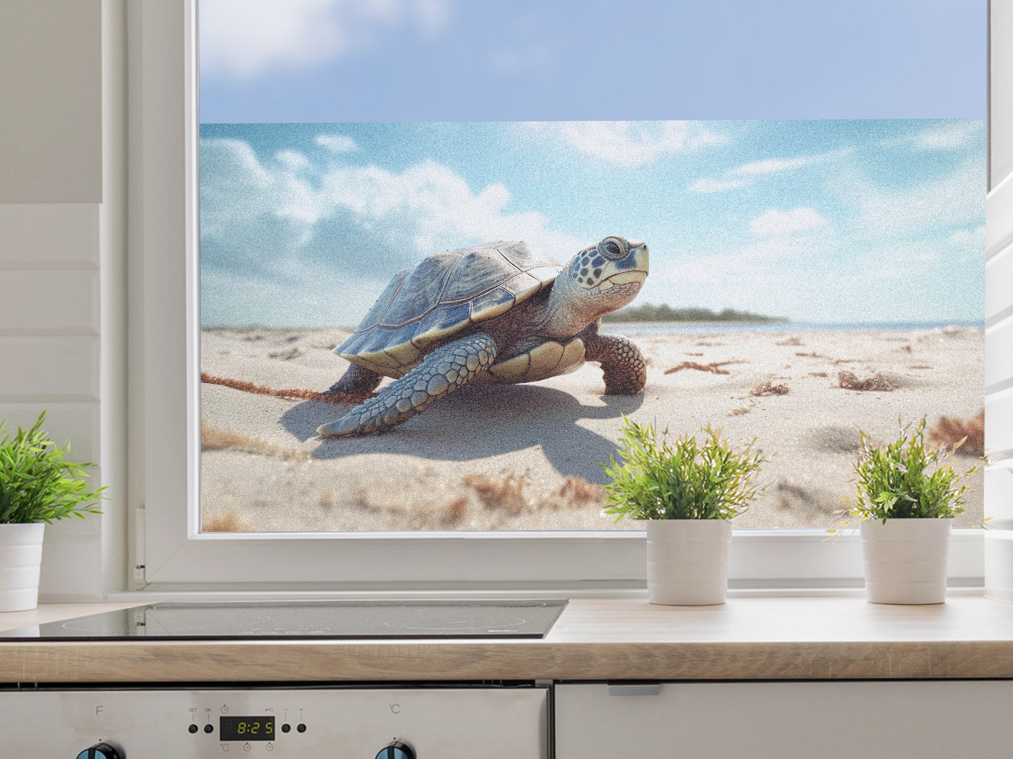 Fensterfolie mit Schildkröte am Strand