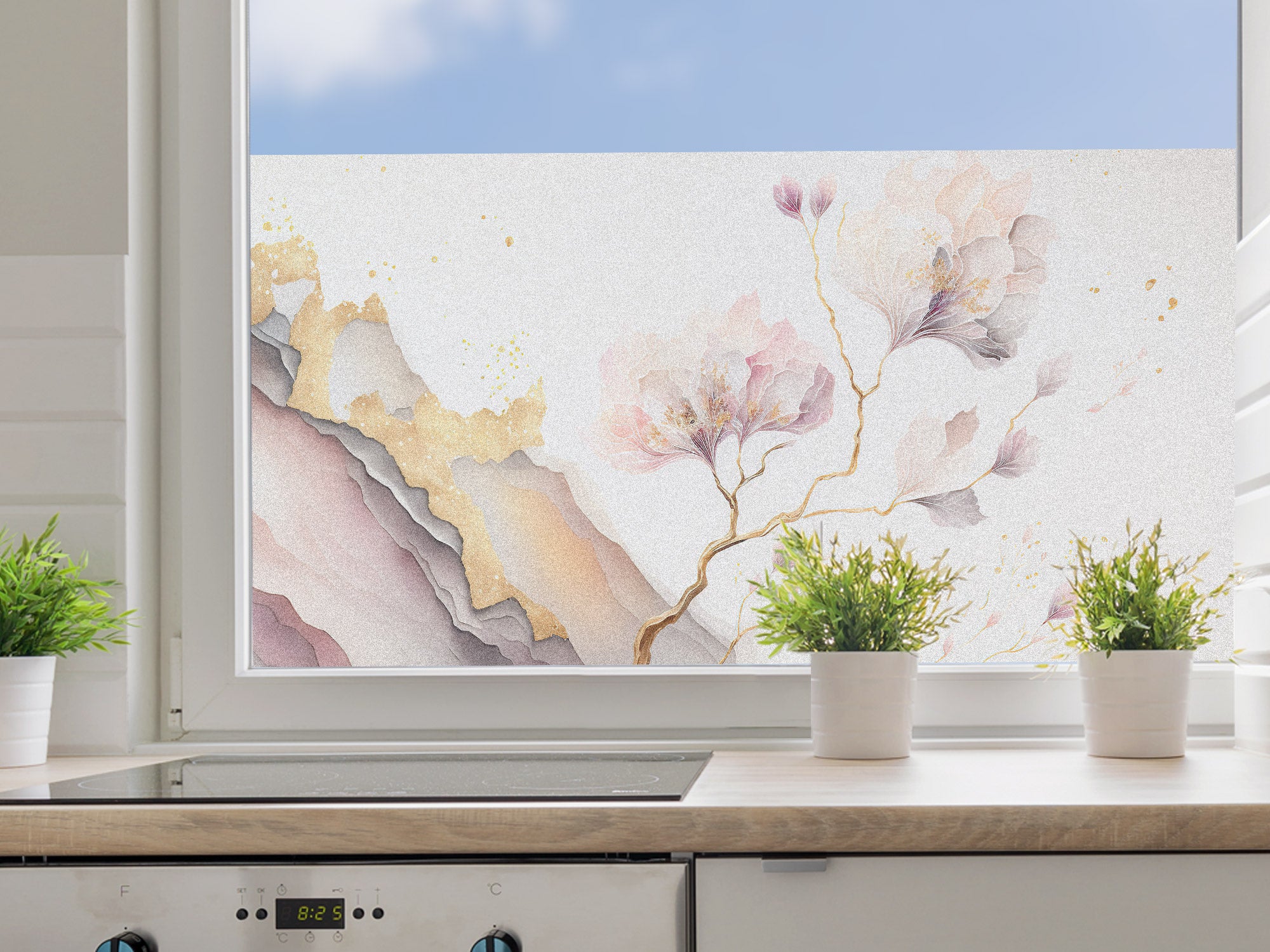 Fensterfolie mit blühenden Pflanzen in Pastellfarben.