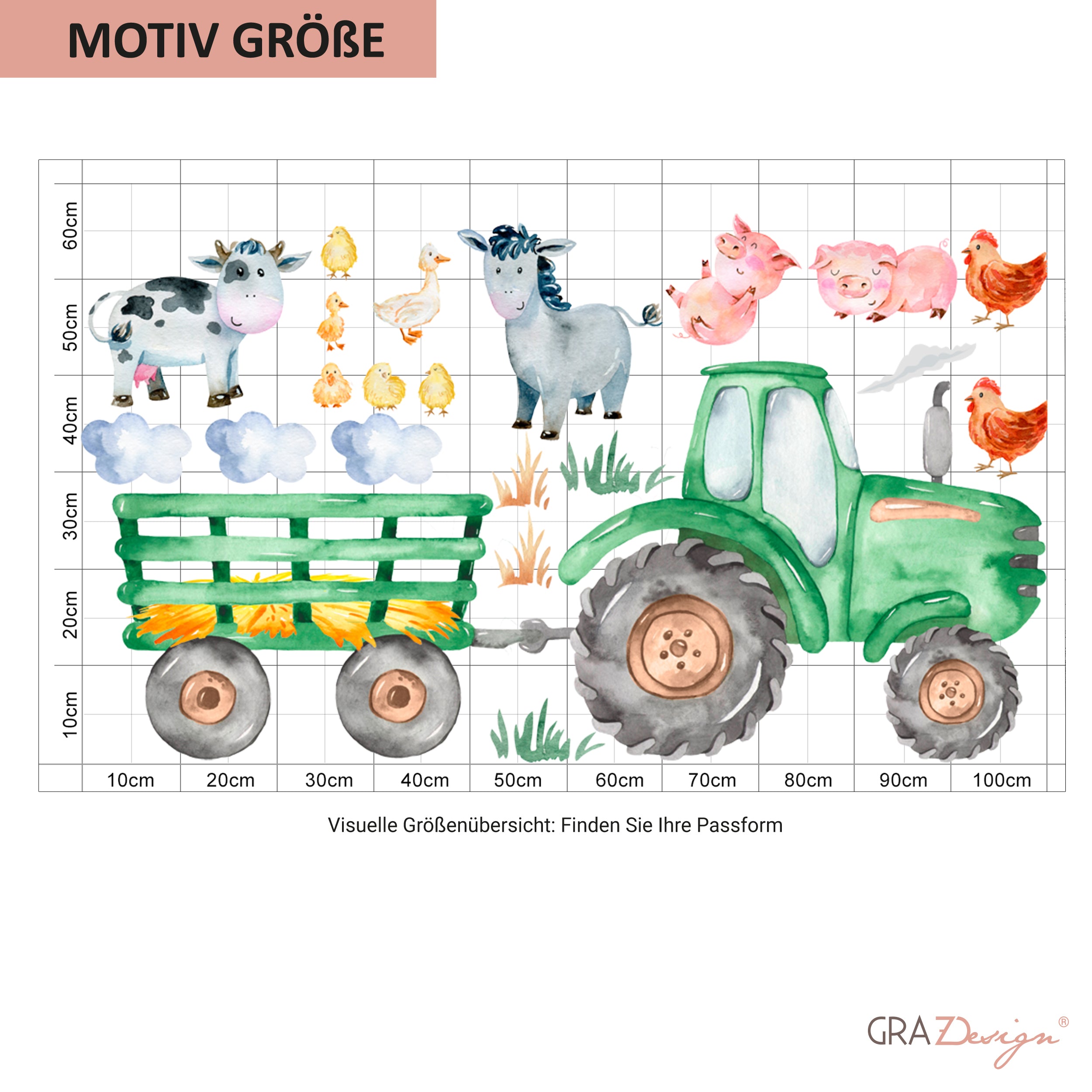 Wandtattoo Traktor mit Bauernhoftieren