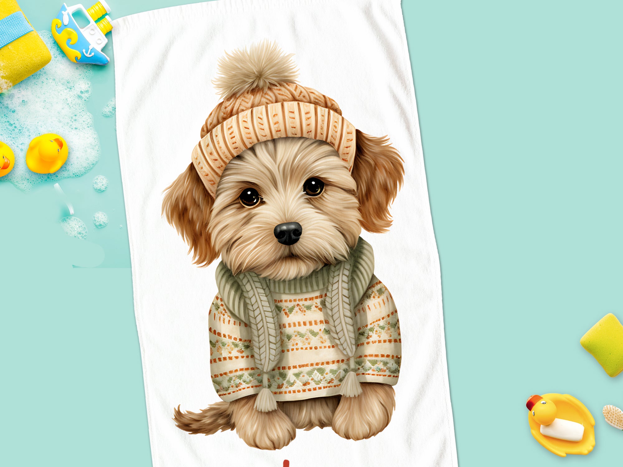 Hübscher Hund in gestricktem Pullover und Mütze.