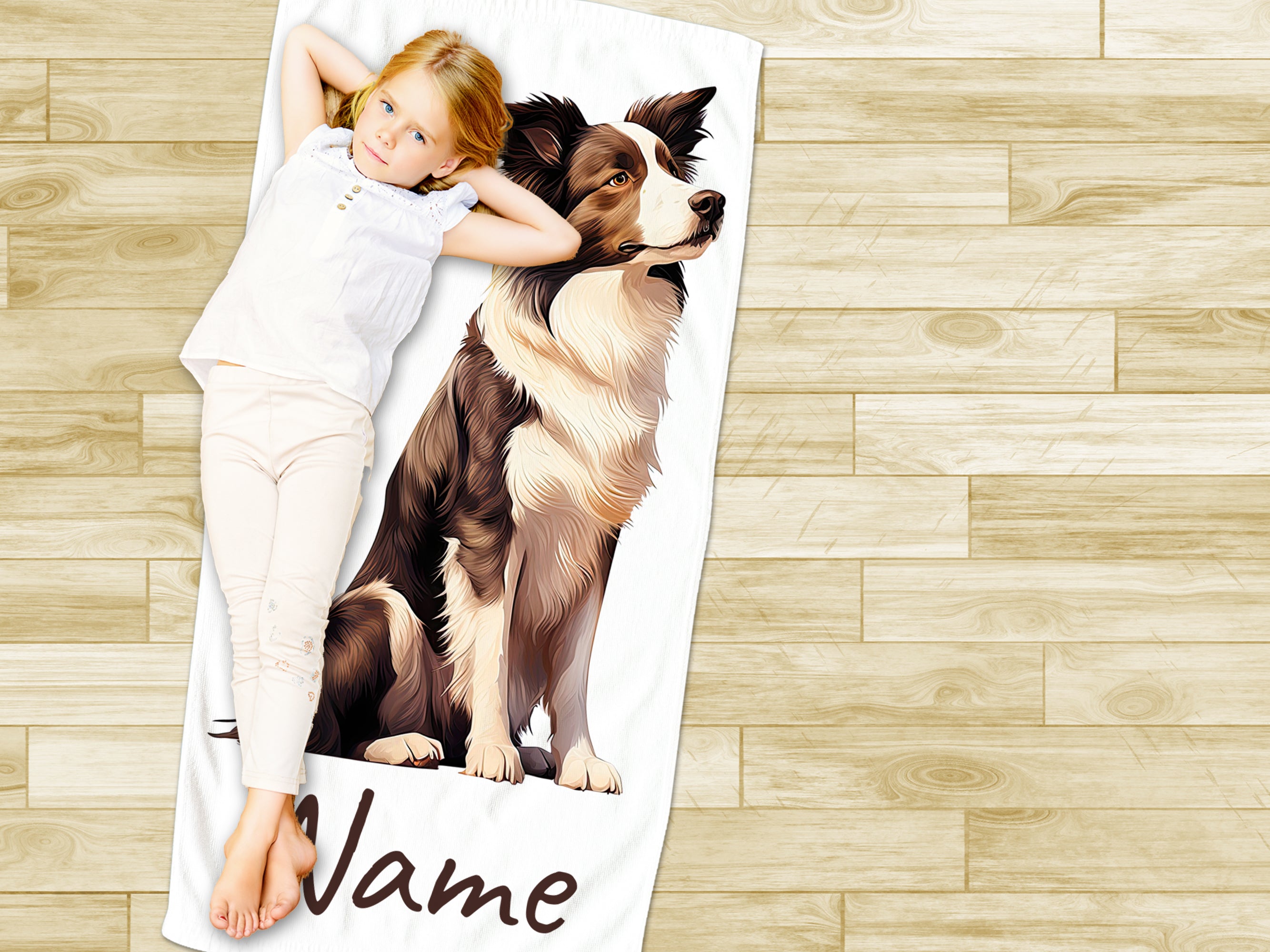 Mädchen liegt auf personalisiertem Handtuch mit Border Collie.