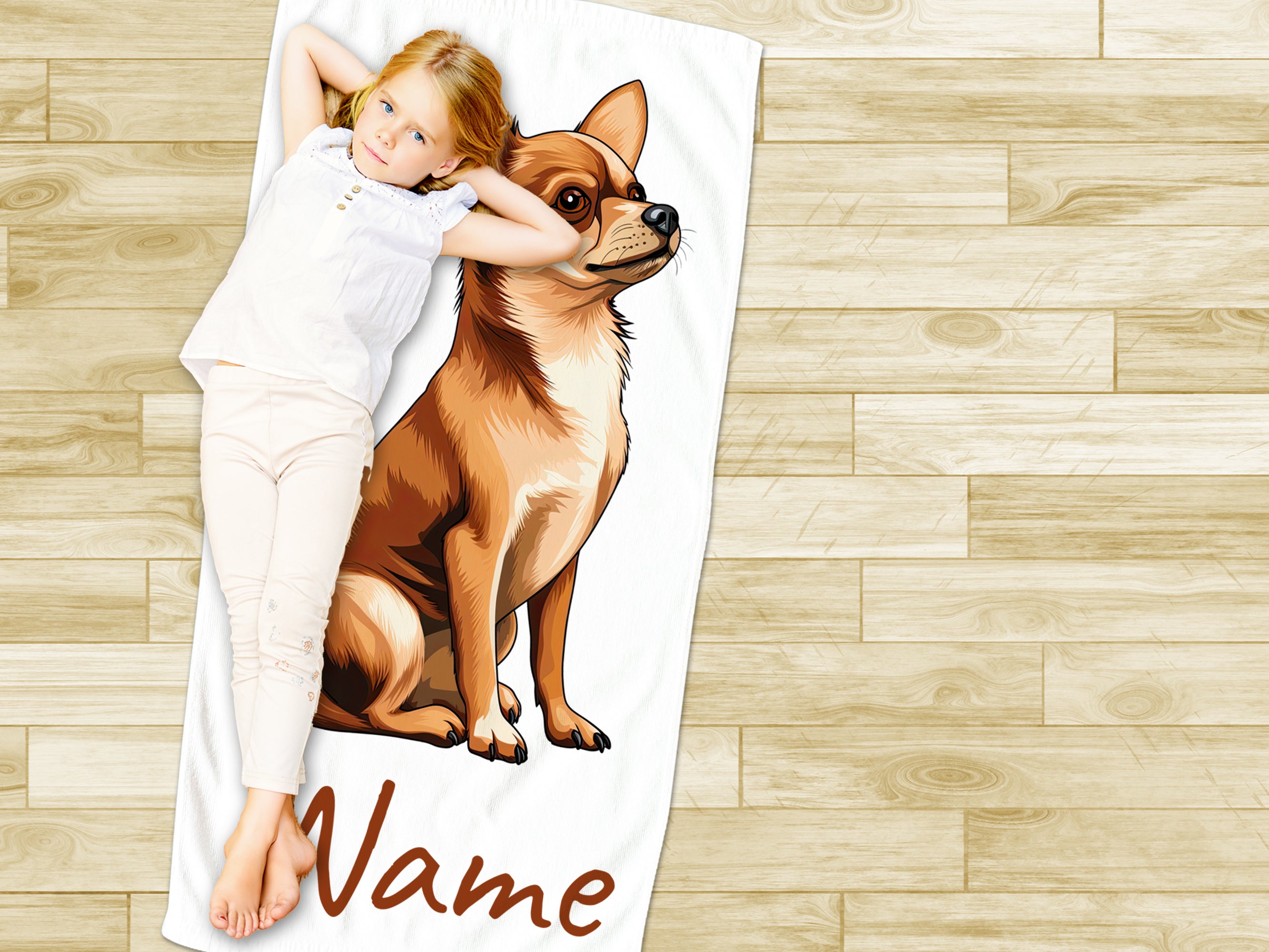 Personalisierte Decke mit Chihuahua-Motiv in Weiß und Braun.