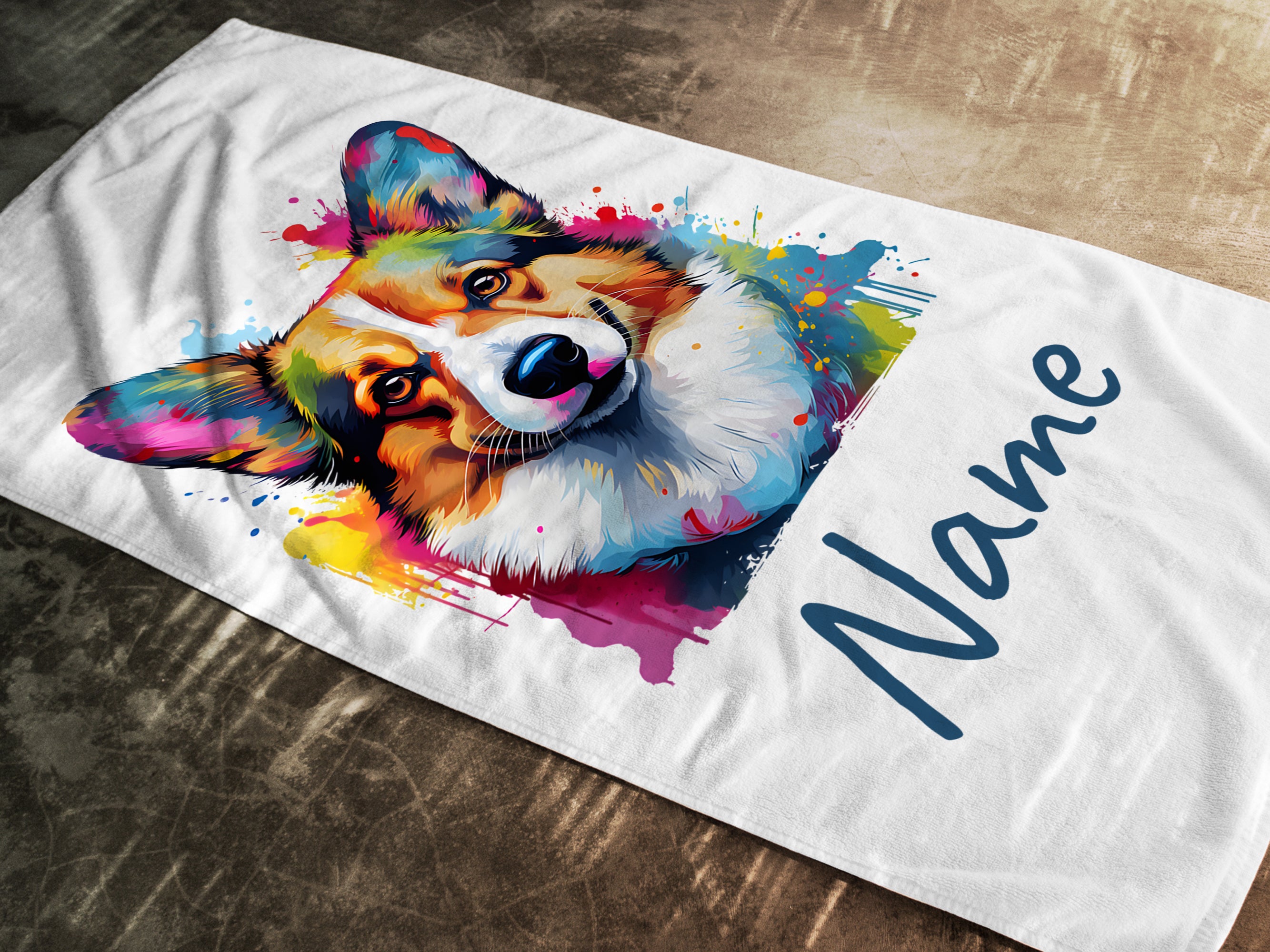 Buntes Corgi-Porträt auf weißem Handtuch mit Name.
