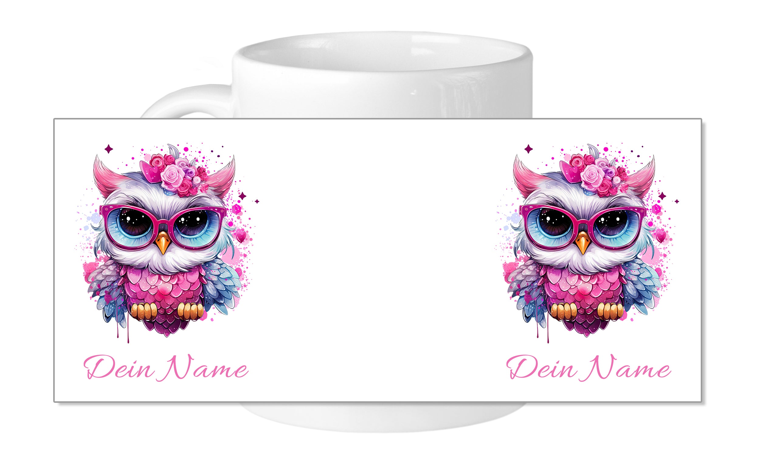 Bunte Eule mit Brille und Blumen, personalisiert mit Namen.