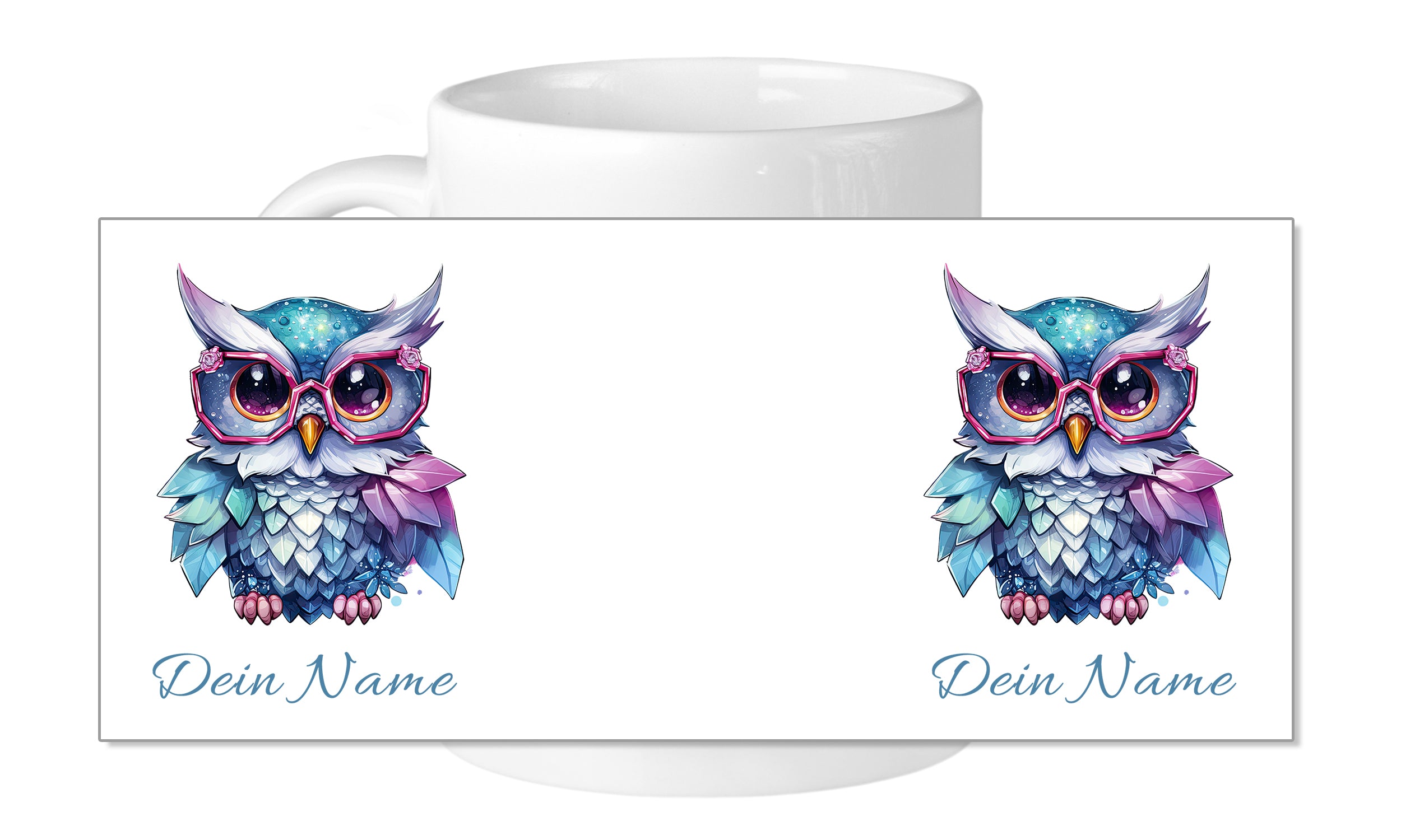 Bunte Eule mit Brille, personalisierbar, auf Tasse.