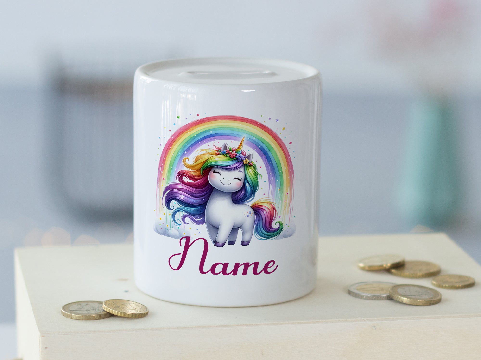 Spardose Einhorn mit Regenbogen