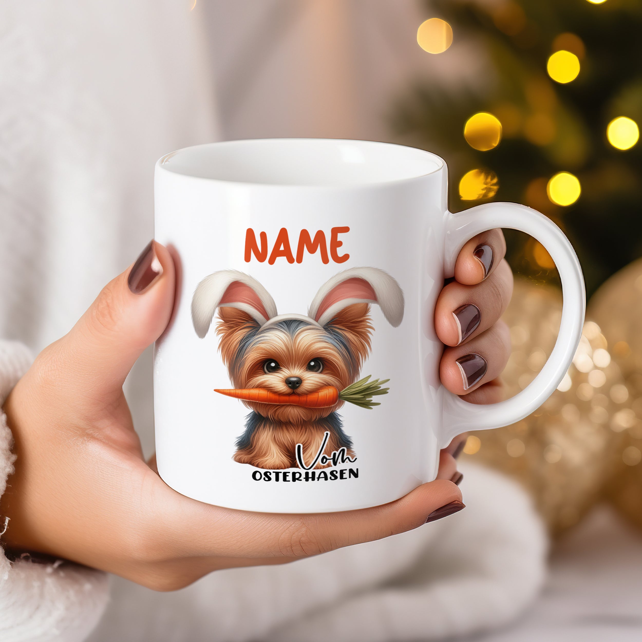 Tasse mit Yorkshire Terrier und Osterhasenohren, personalisierbar.