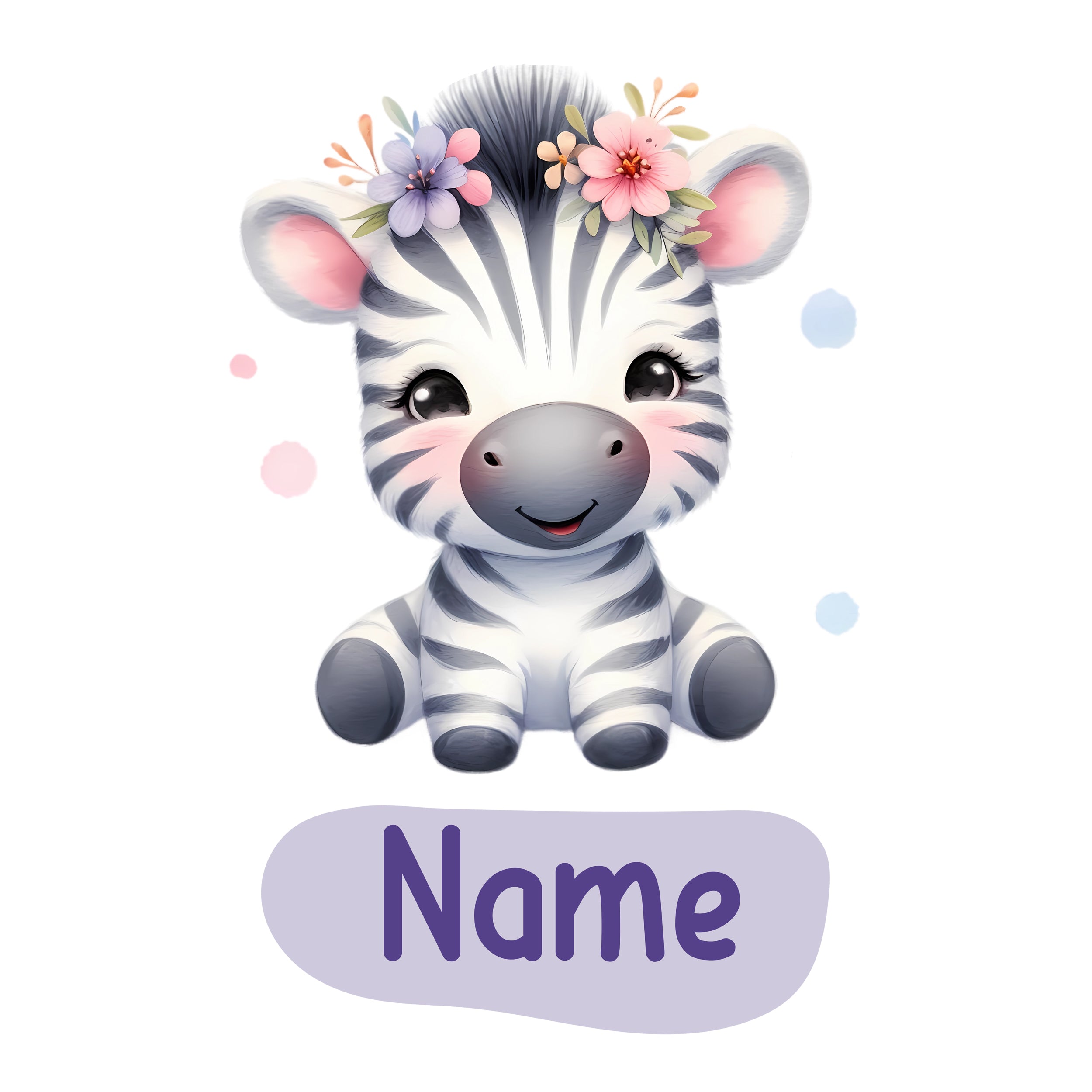Niedliches Zebra mit Blumenkranz und personalisierbarem Namen.