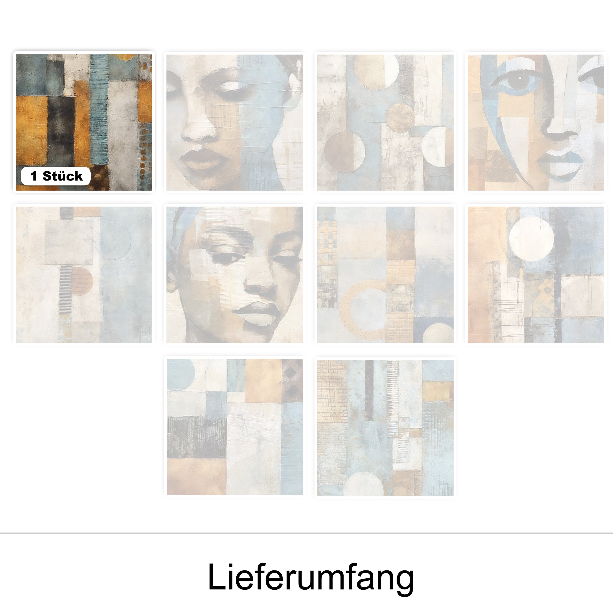 Abstrakte Wandkunst in Blau-, Beige- und Grautönen.