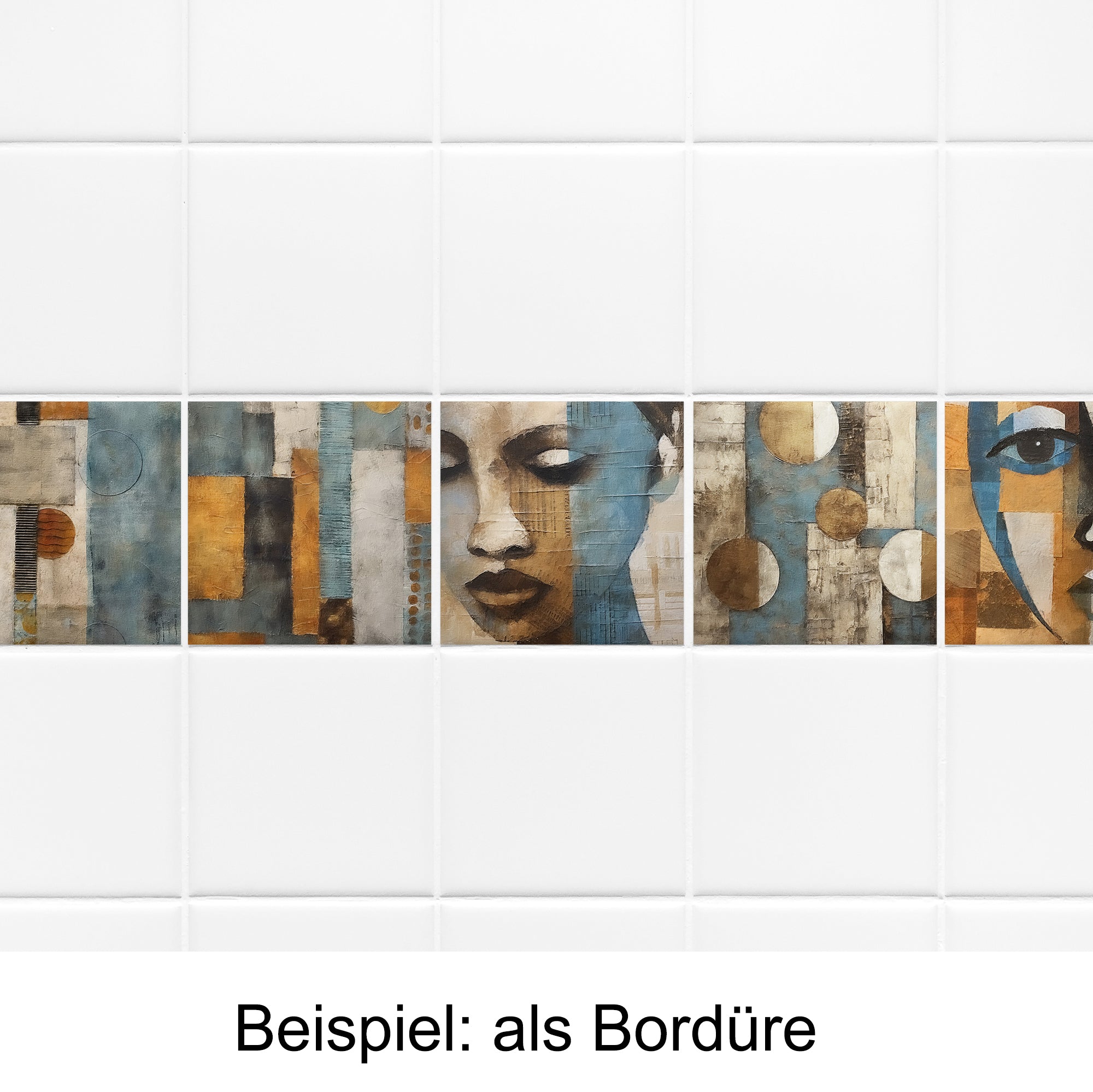 Bunte Fliesenbordüre mit Gesichtern und geometrischen Mustern.