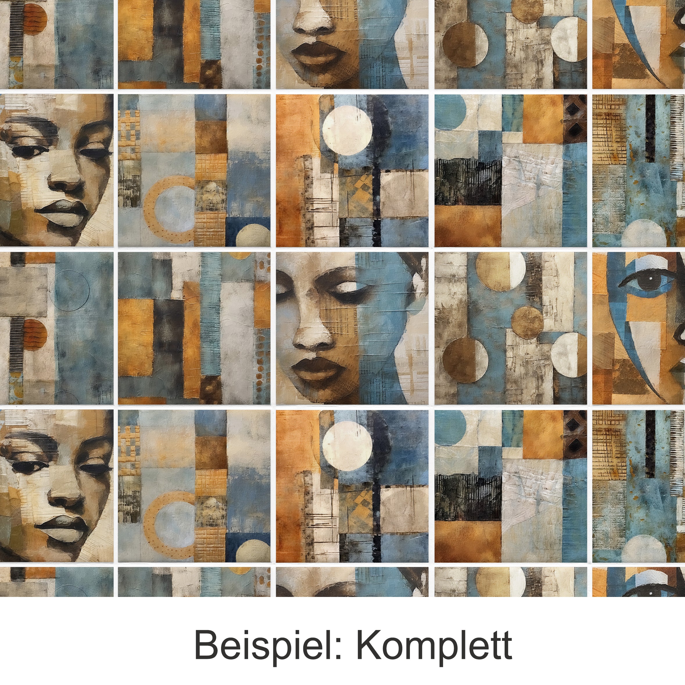 Abstrakte Kunst mit Gesichtern in Blau- und Erdtönen.