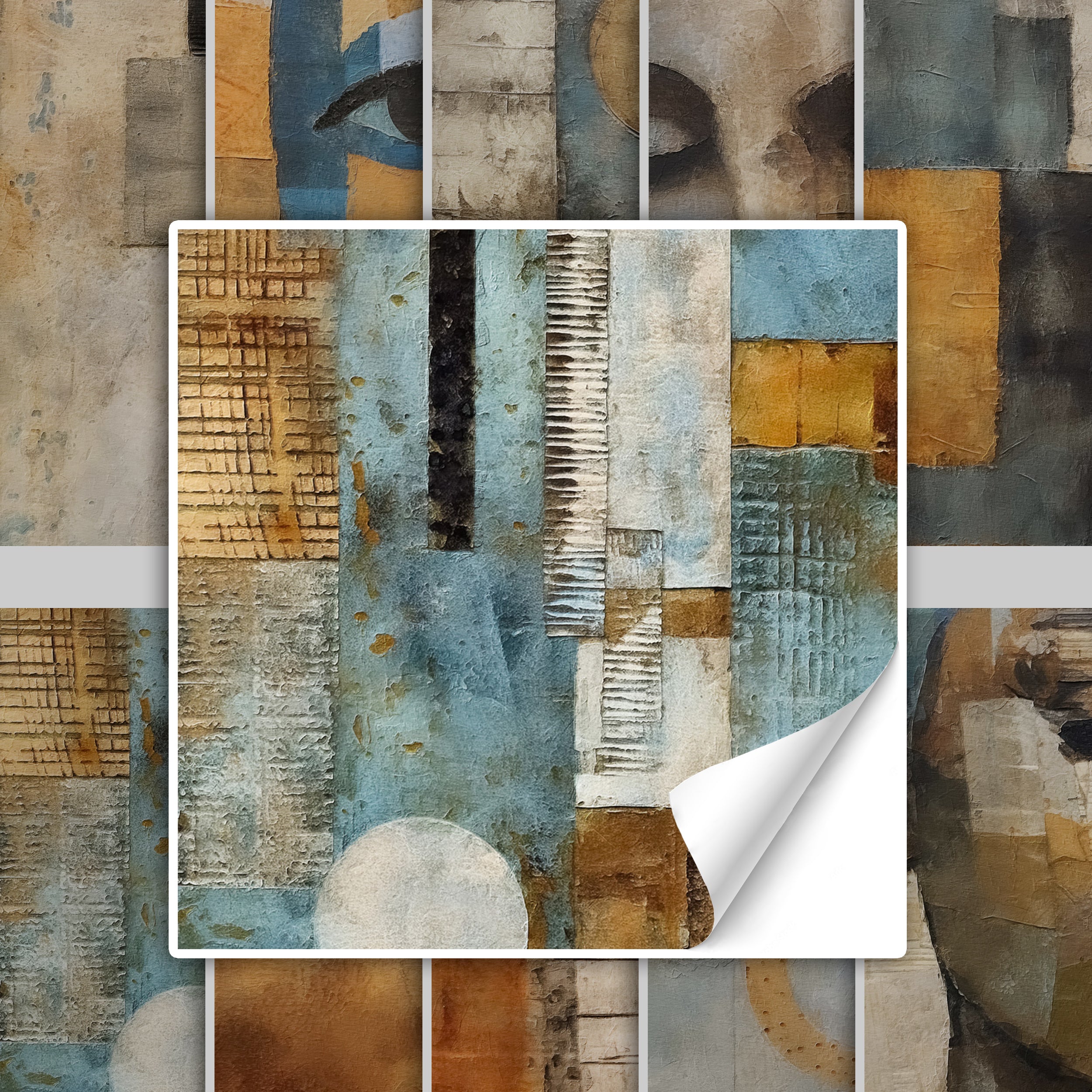 Abstrakte Kunst in Blau- und Erdtönen mit geometrischen Formen.