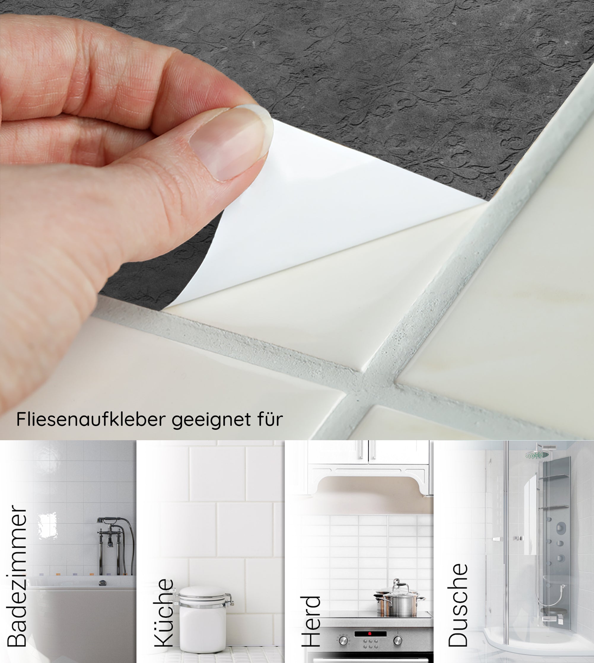Fliesenaufkleber in Schwarz für Badezimmer, Küche und Dusche.