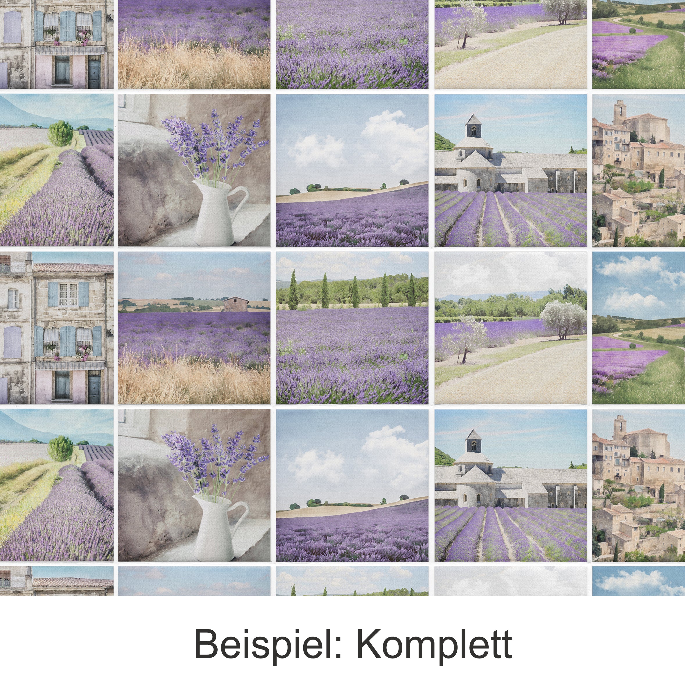 Lavendelfelder, lila Blumen, ländliche Landschaften, historische Gebäude.