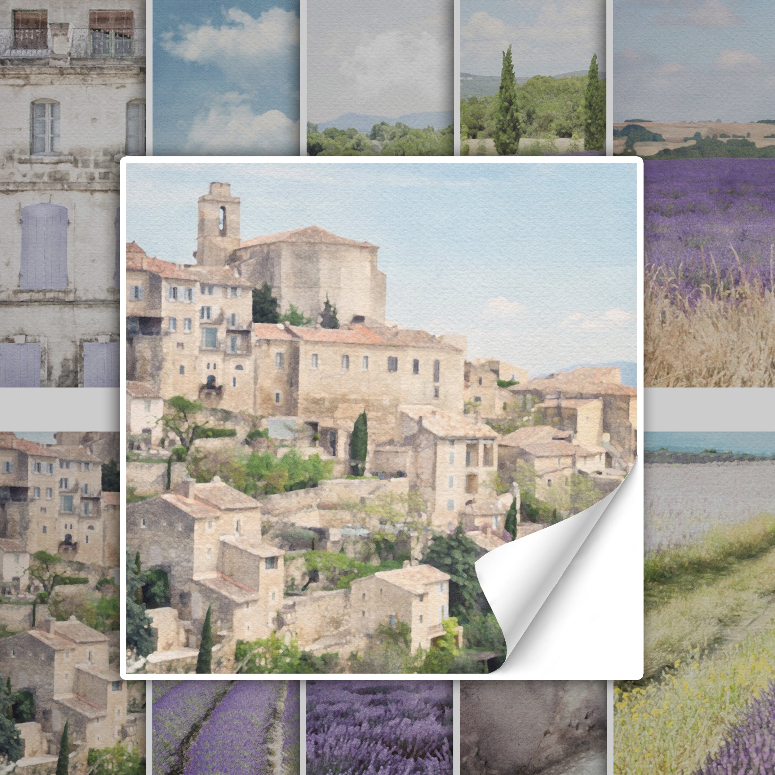 Historisches Dorf mit hellen Steinhäusern und grüner Landschaft.