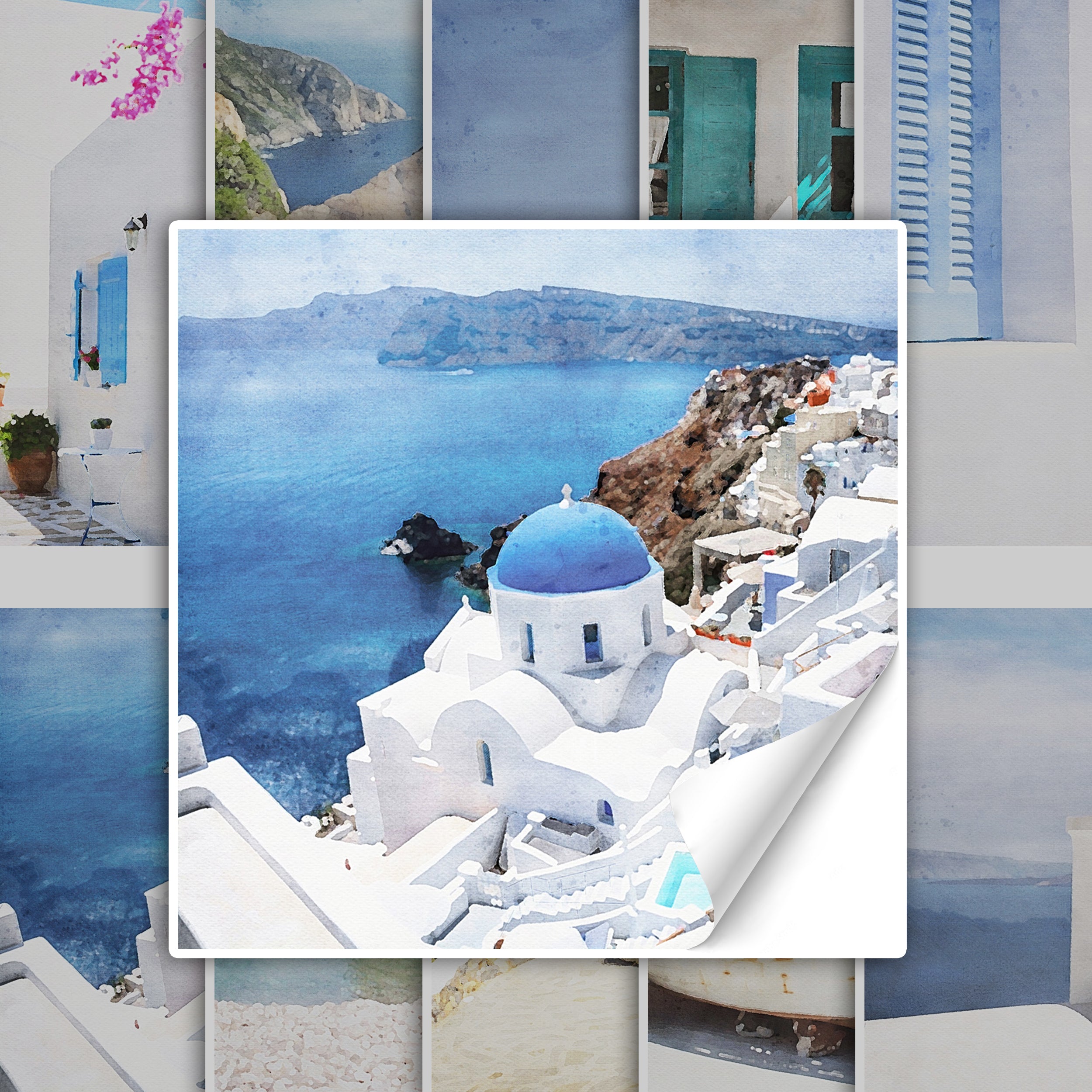 Weißes Gebäude mit blauer Kuppel und Meerblick.