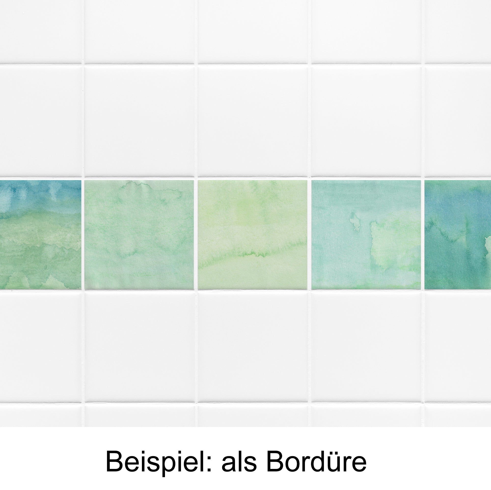 Wasserfarbene Fliesenbordüre in Grün- und Blautönen.