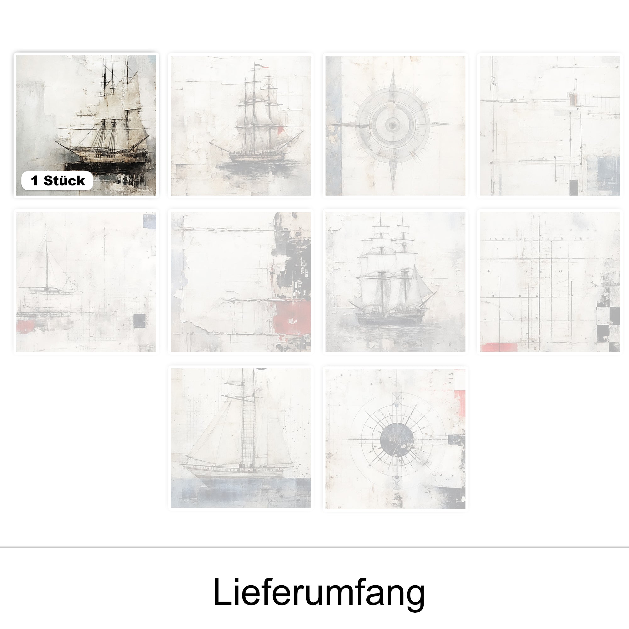 Maritime Wandkunst mit Schiffen in sanften Farben.