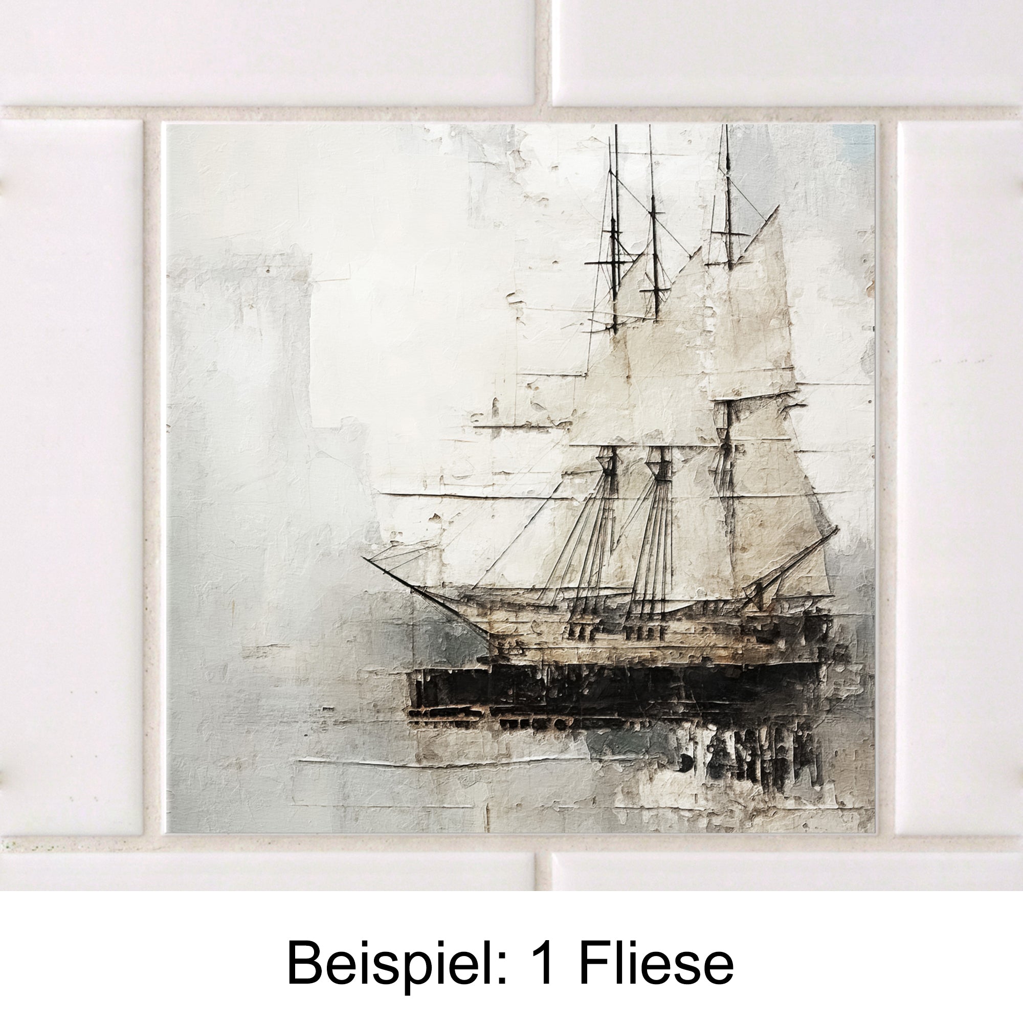 Schiff mit weißen Segeln auf grauem Hintergrund.