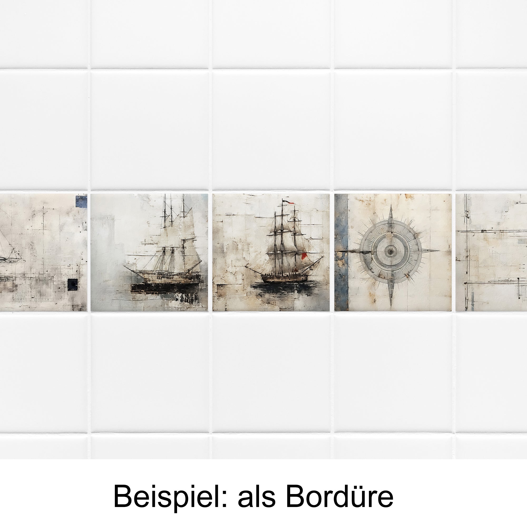 Maritime Fliesenbordüre mit Schiffen und Kompassmotiv.
