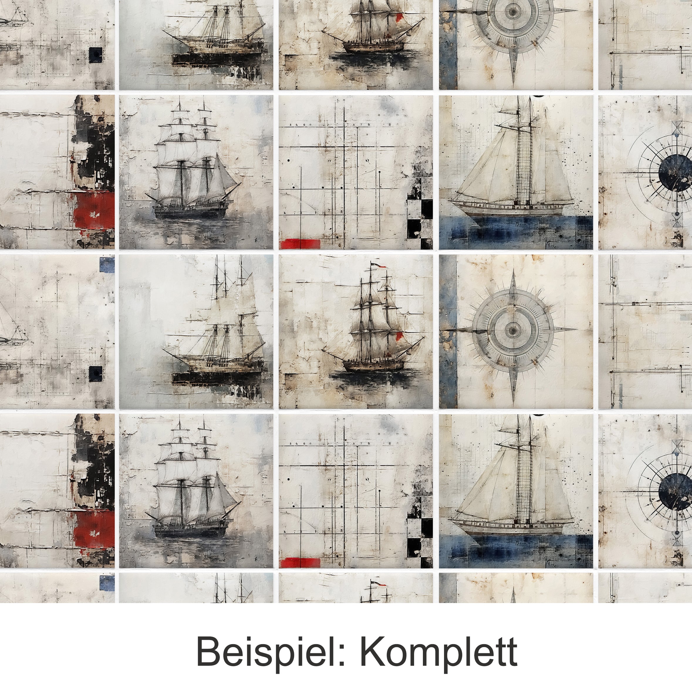 Maritime Kunst mit Segelschiffen in neutralen Farben.