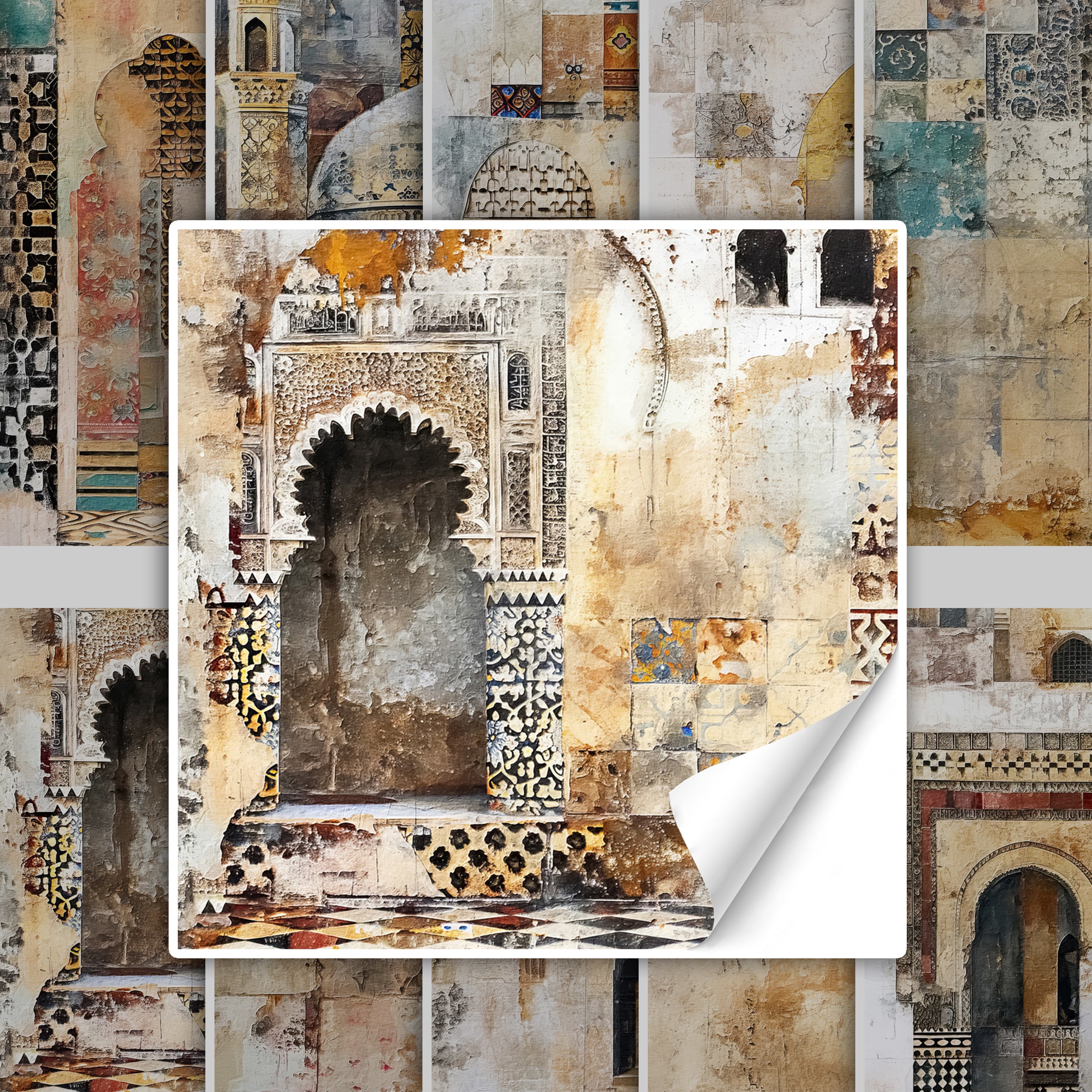 Marokkanisches Mosaikdesign mit architektonischen Elementen in Erdtönen.