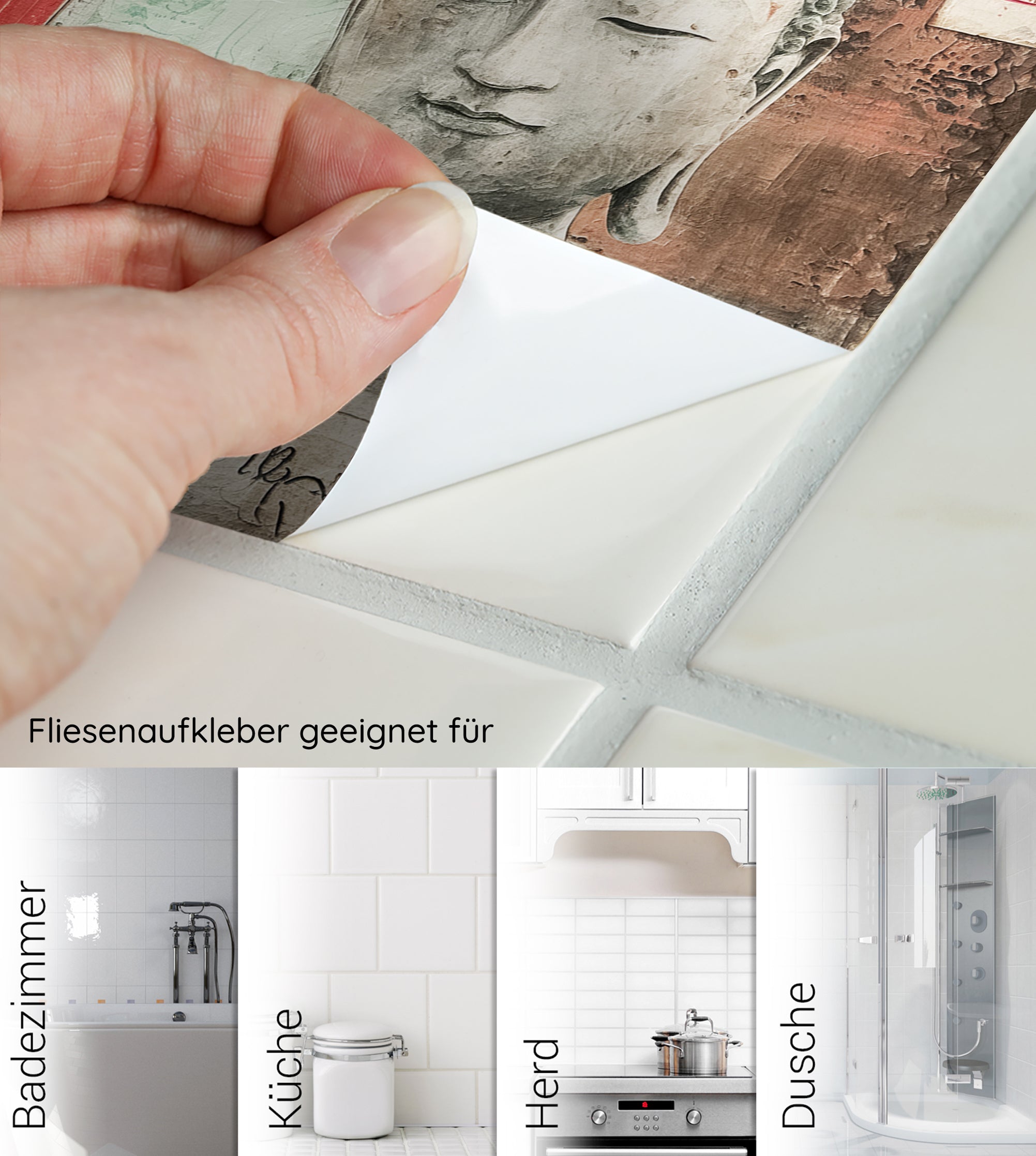 Fliesenaufkleber mit Buddha-Motiv, geeignet für Badezimmer und Küche.