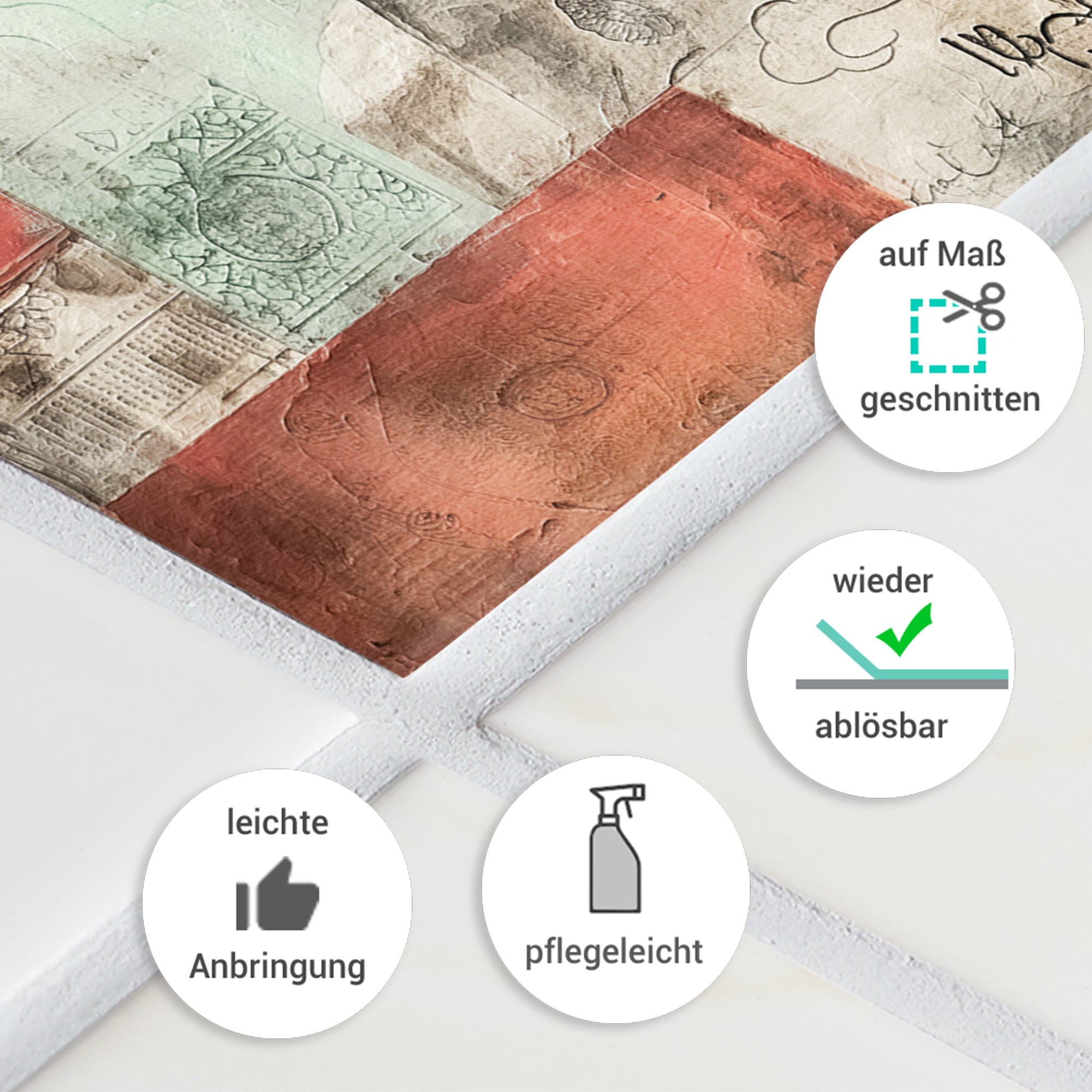 Wandtapete in Rot- und Grüntönen, pflegeleicht und ablösbar.