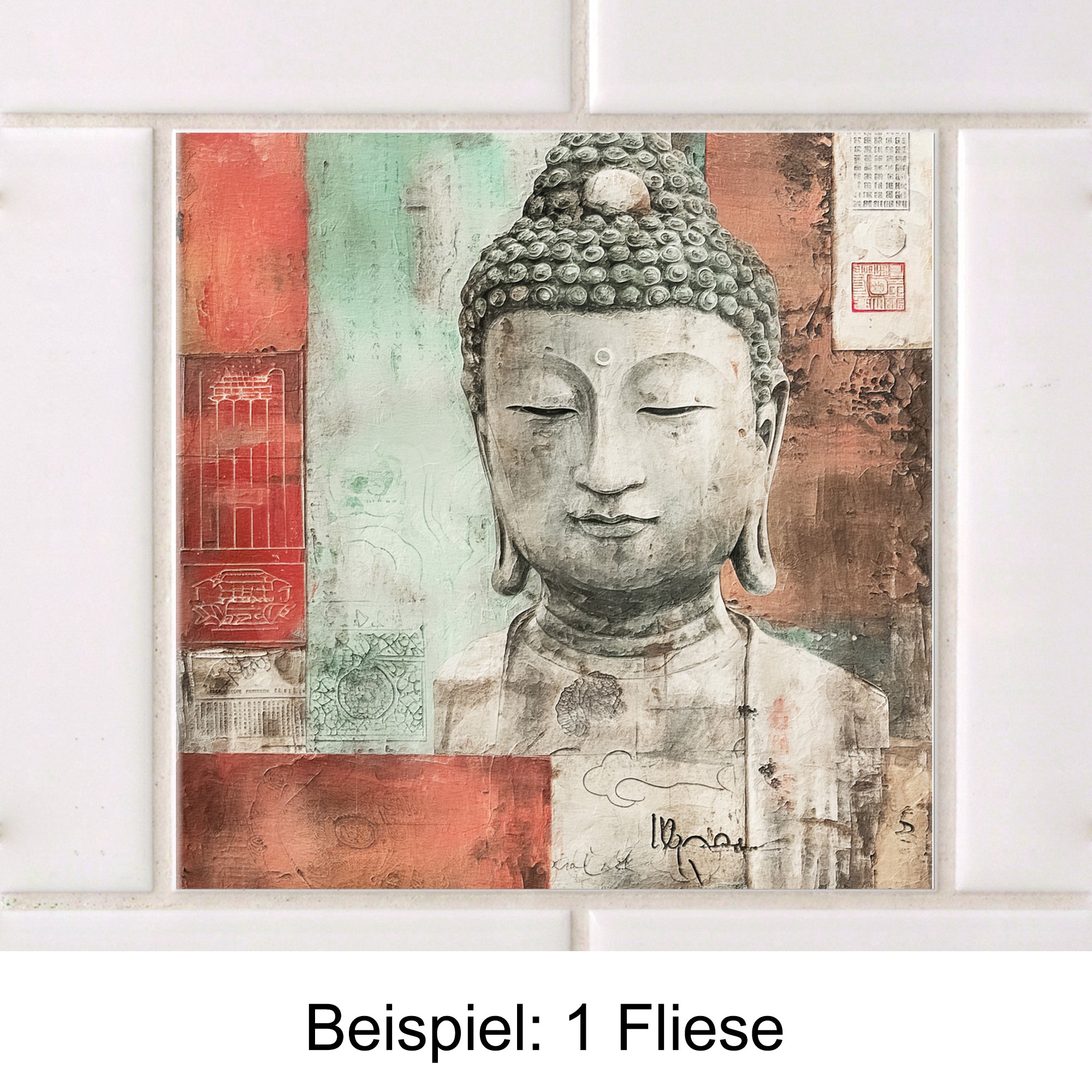 Buddha-Fliese in sanften Farben mit künstlerischen Details.