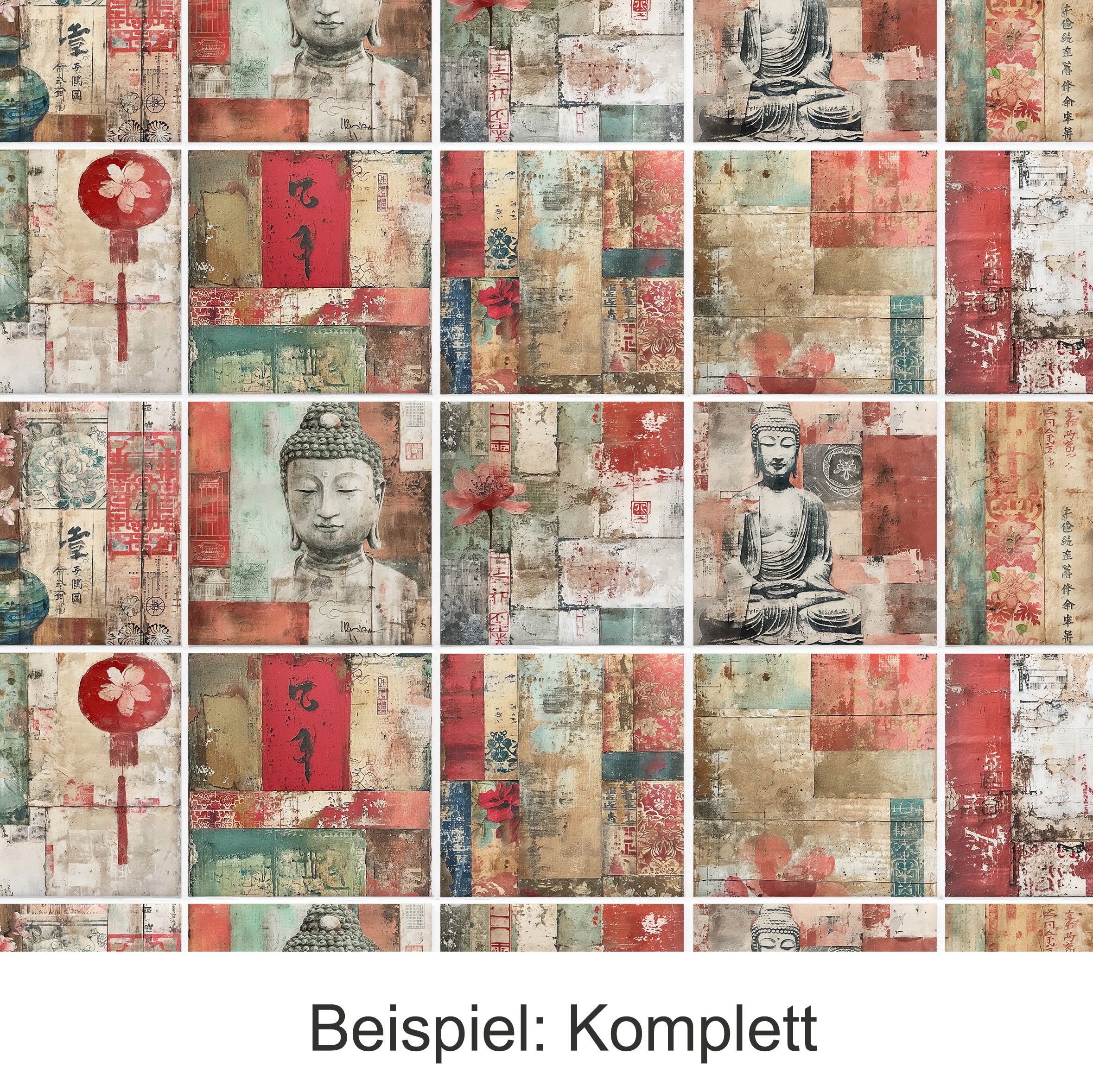 Asiatische Wandkunst mit Buddha-Motiven und warmen Farben.