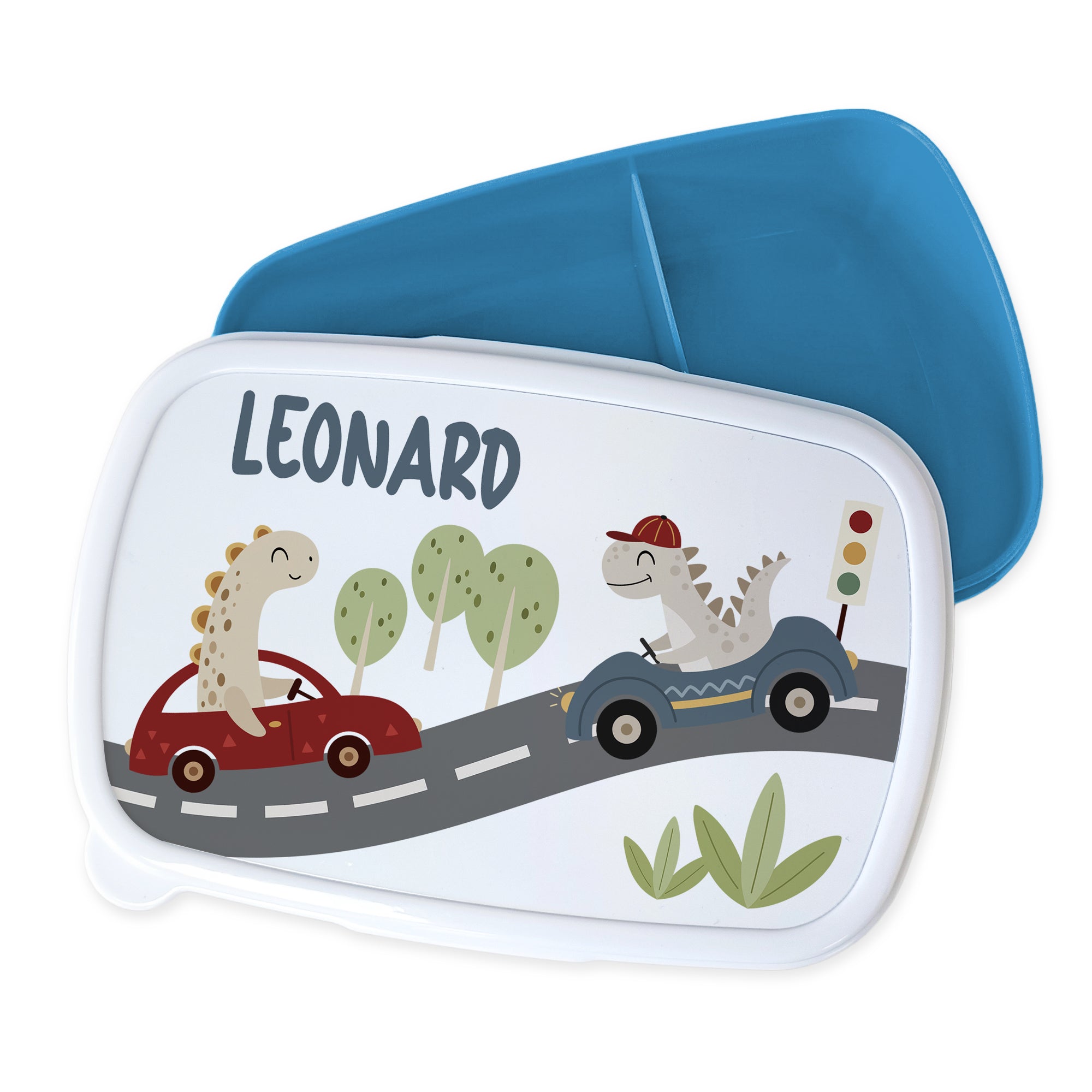 Brotdose blau mit Dinosauriern