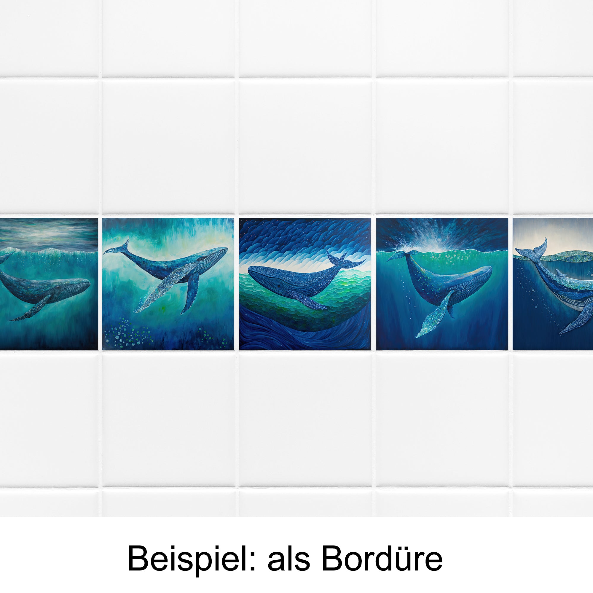Graue Wale in verschiedenen Blautönen als Bordüre.