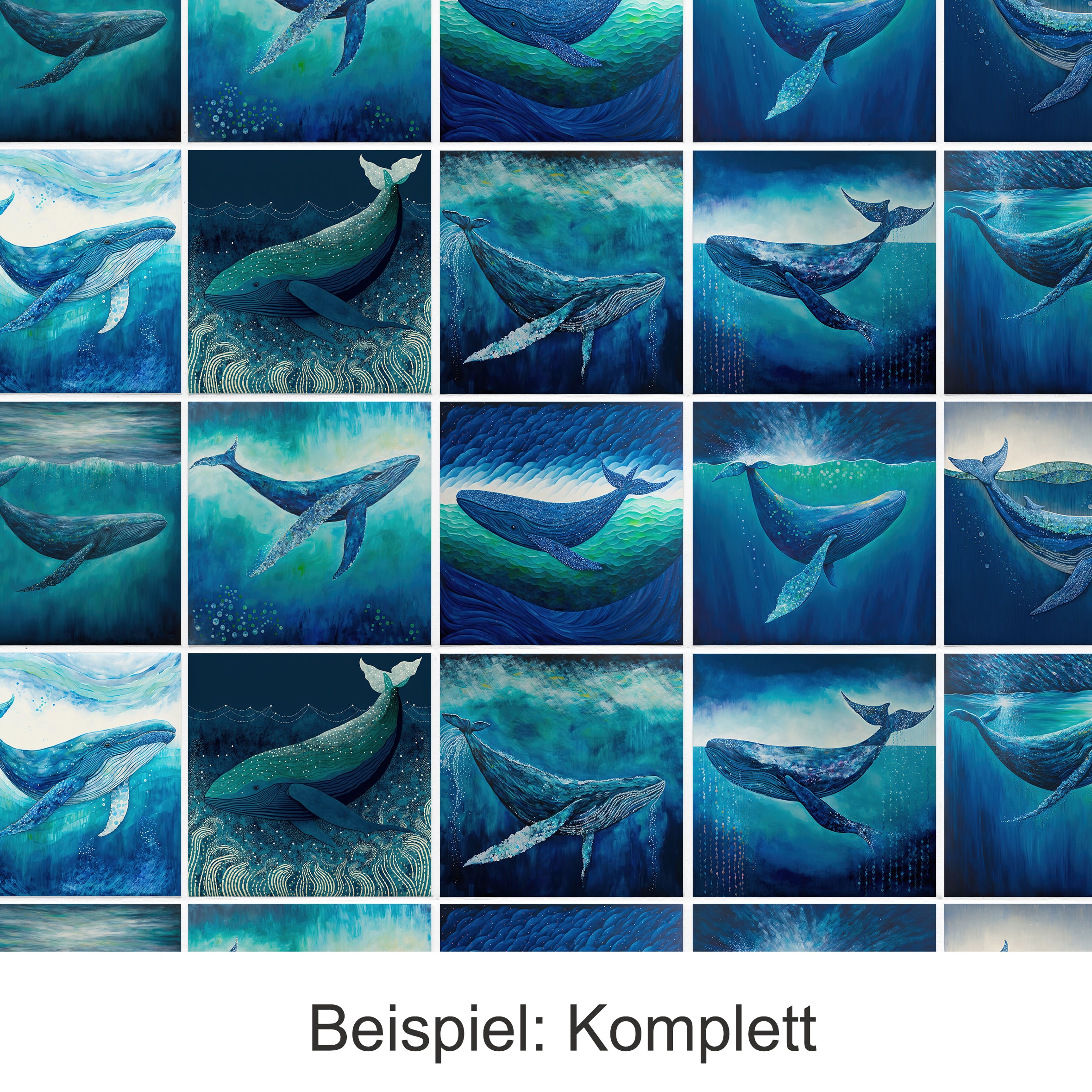 Blaue Wale in verschiedenen künstlerischen Darstellungen und Farbtönen.