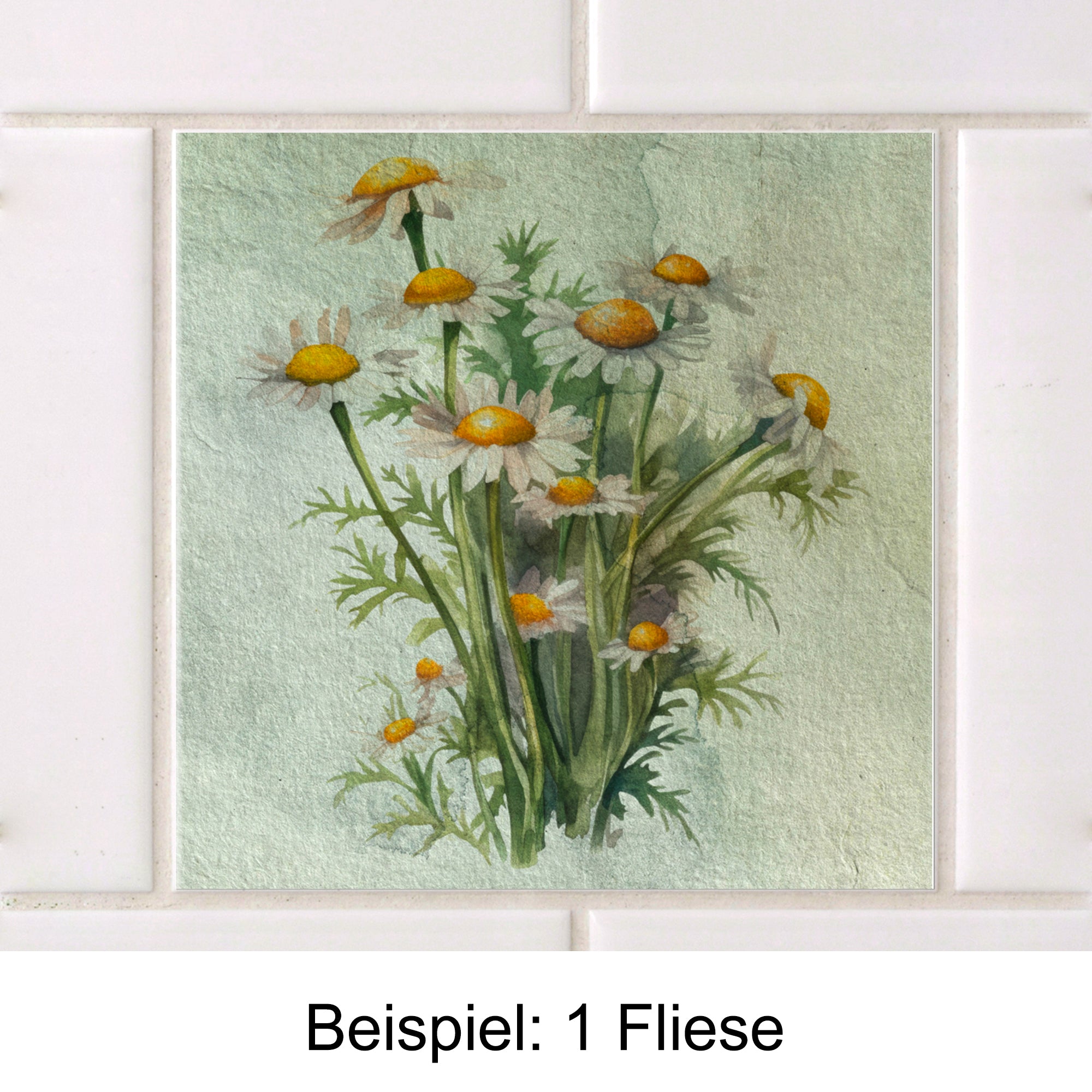 Fliese mit gelben und weißen Kamille-Blumenmotiv.