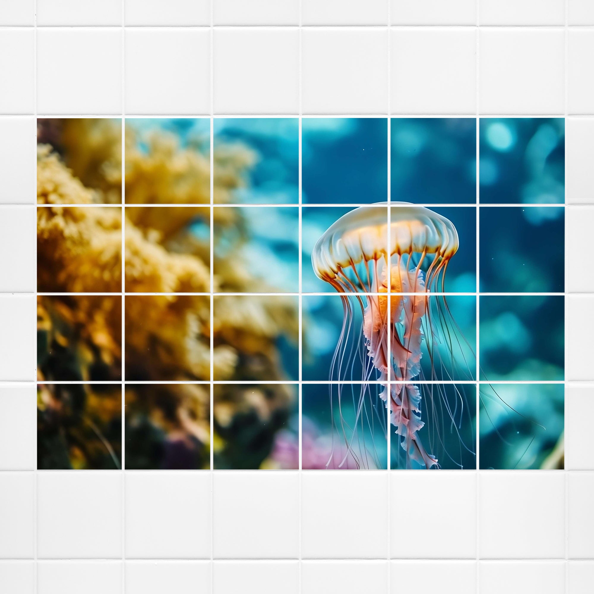 Meduse in Blau- und Orangetönen vor Unterwasserlandschaft.